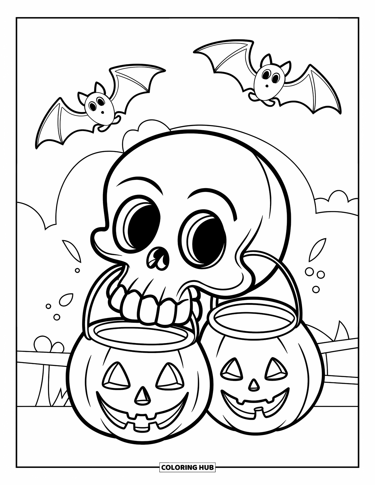 Skull Coloring Page for Kids: A smiling skull holds a bucket as bats soar gently above