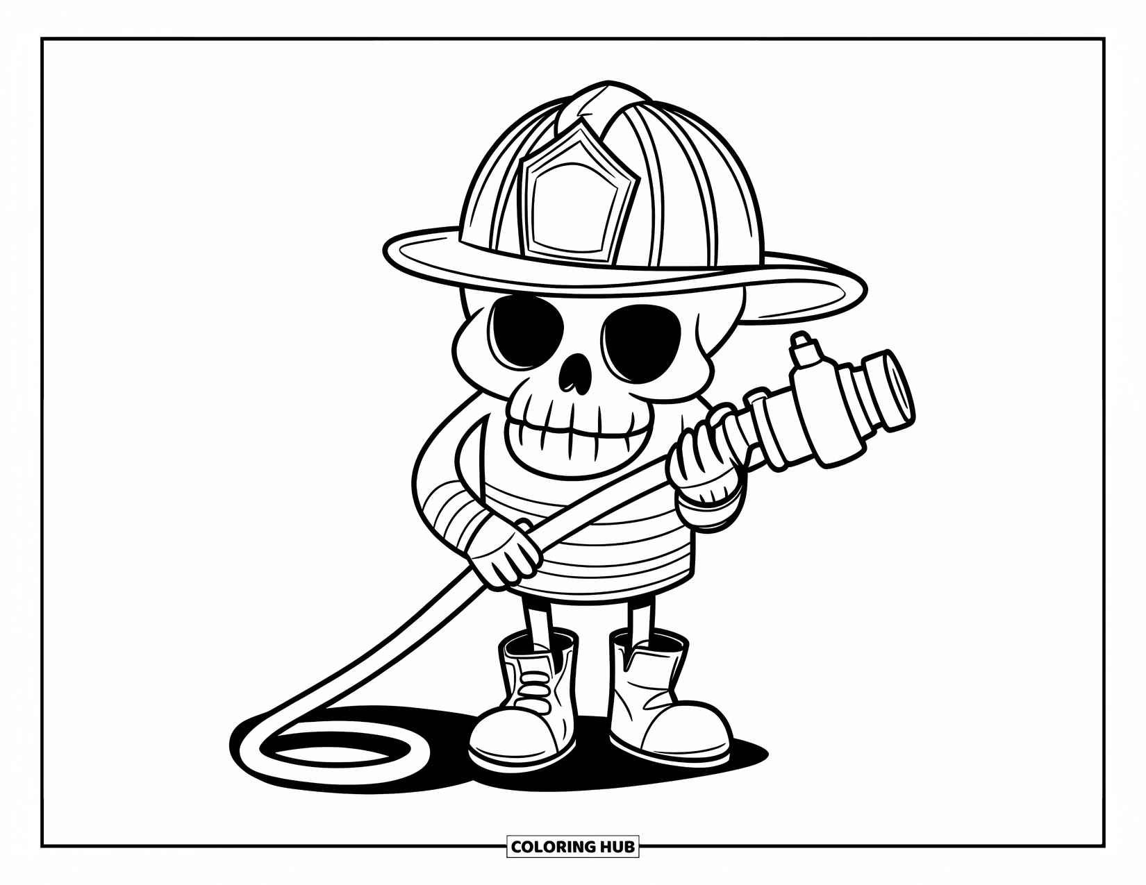 Skull Coloring Page for Kids: A smiling skull in a helmet and boots grips a hose, standing strong and ready