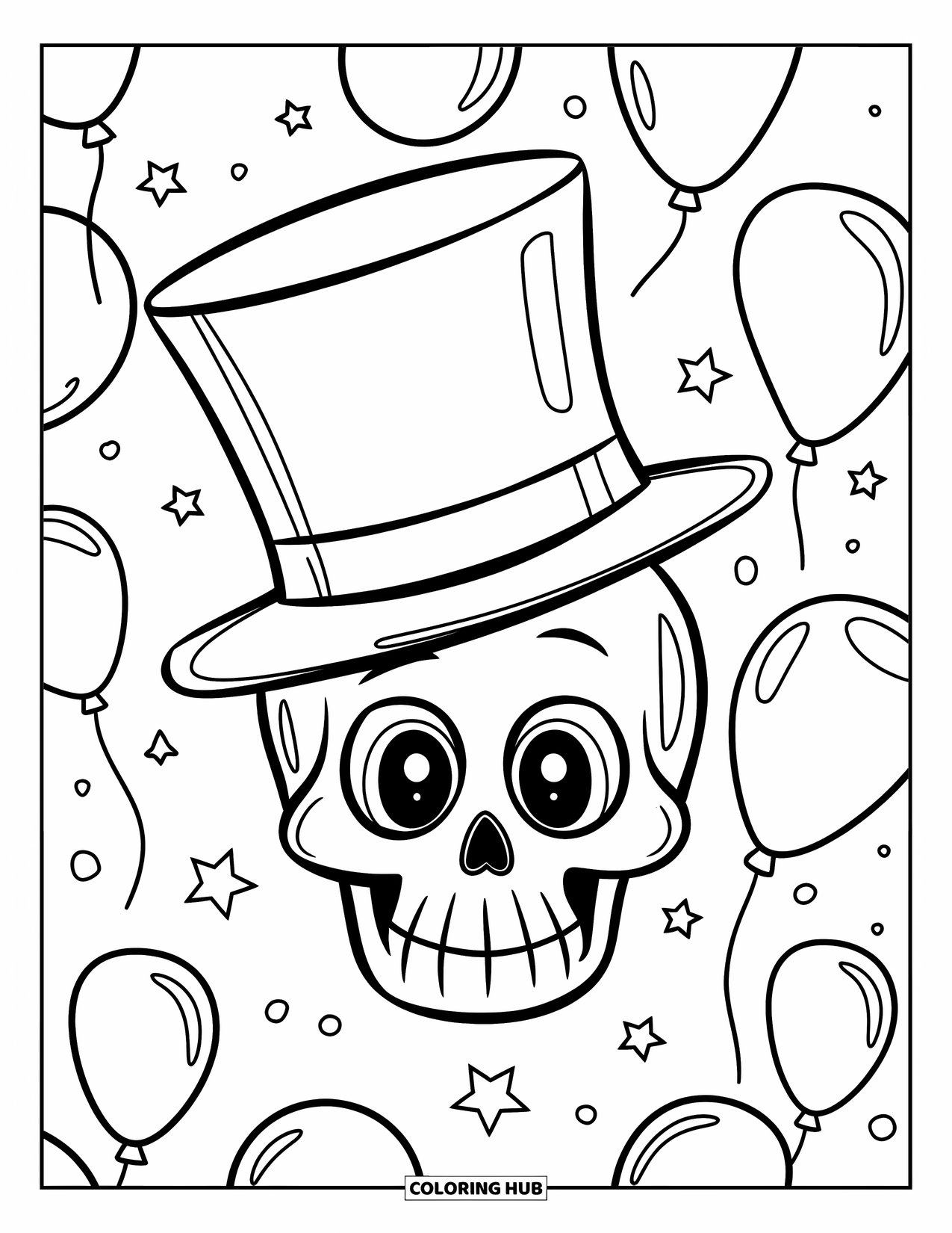 Skull Coloring Page for Kids: A smiling skull in a top hat is surrounded by playful stars and drifting balloons