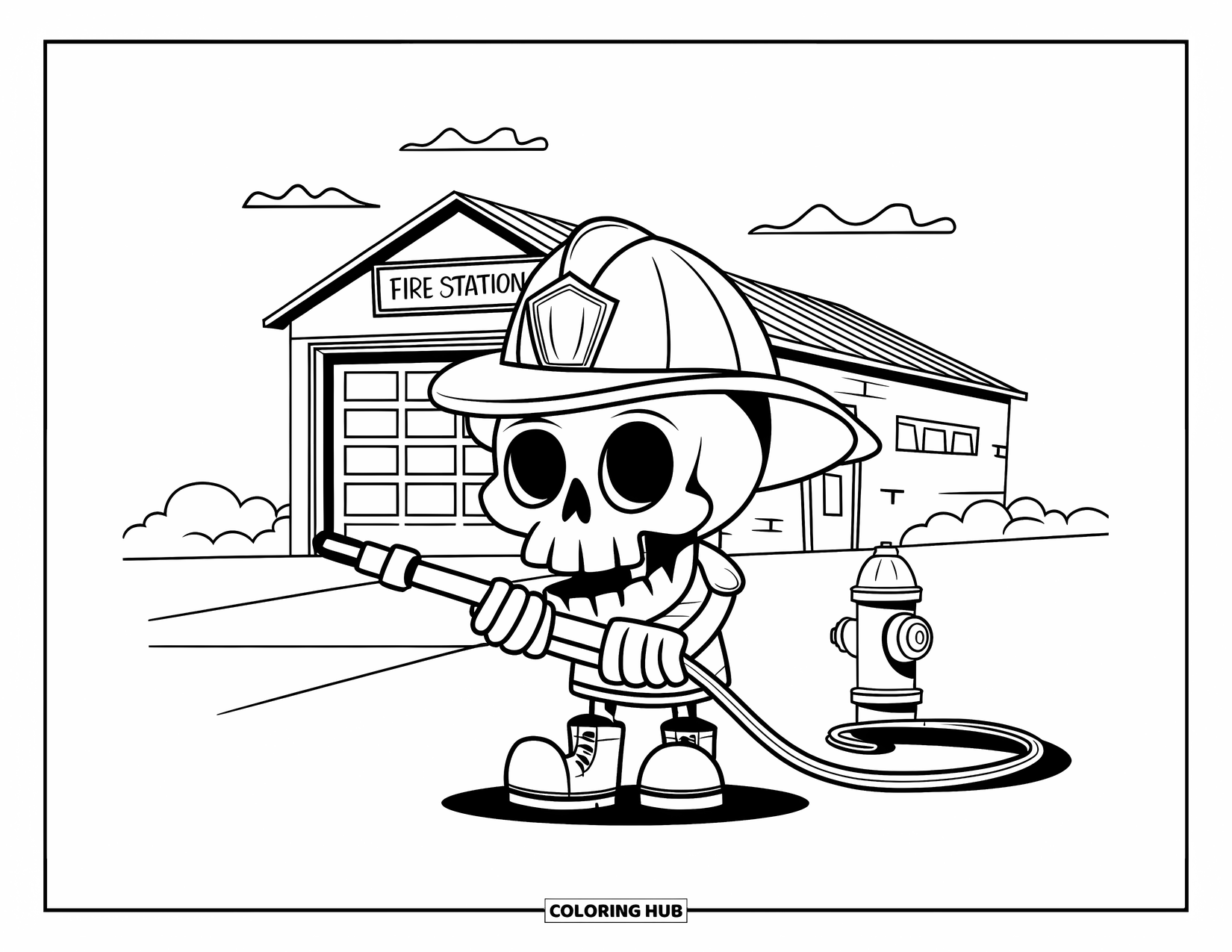 Skull Coloring Page for Kids: A smiling skull in firefighter gear stands proudly near a fire station and hydrant