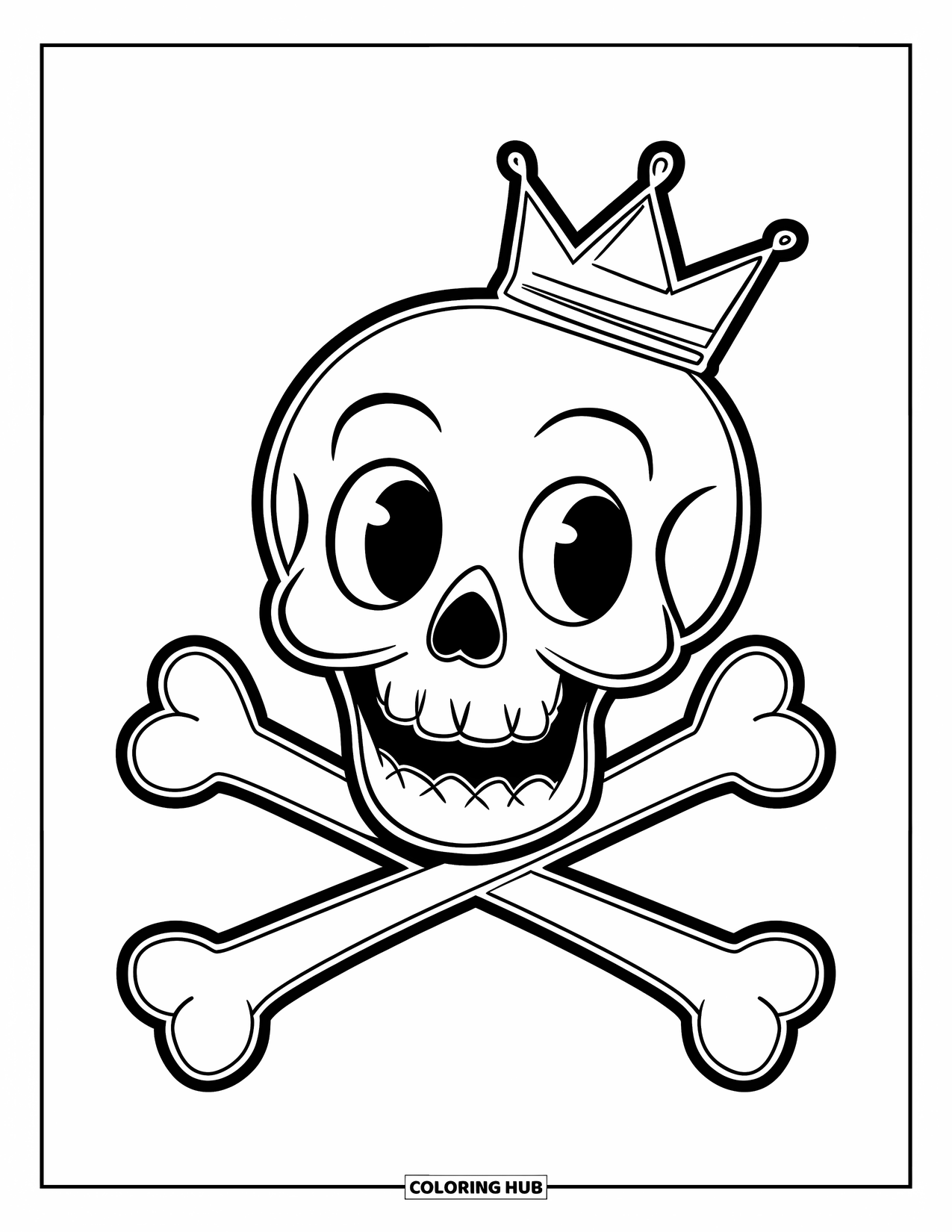 Skull Coloring Page for Kids: A smiling skull with a tiny crown sits above crossbones in a cute, cheerful pose