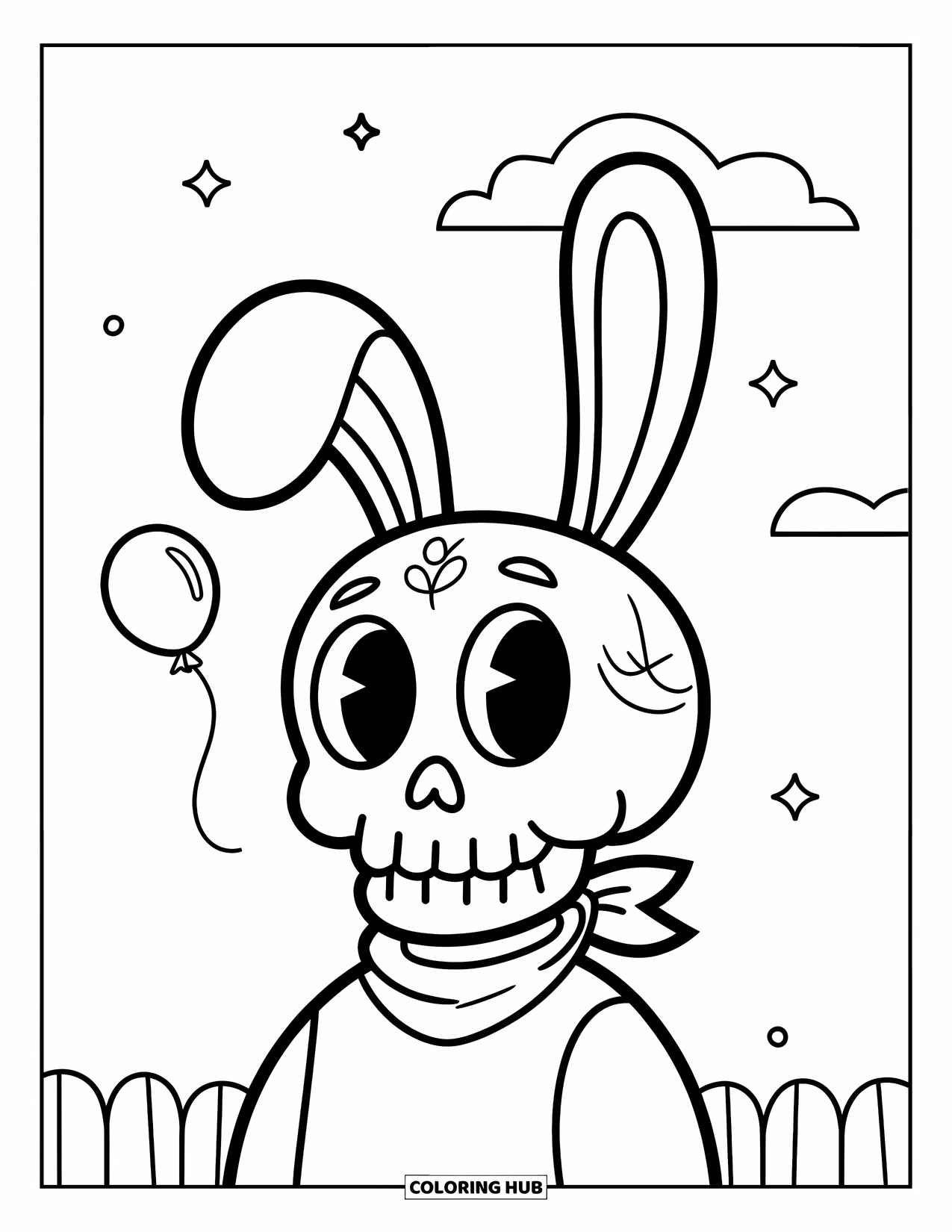 Skull Coloring Page for Kids: A smiling skull with bunny ears, a scarf, stars, and a balloon gives off a playful vibe
