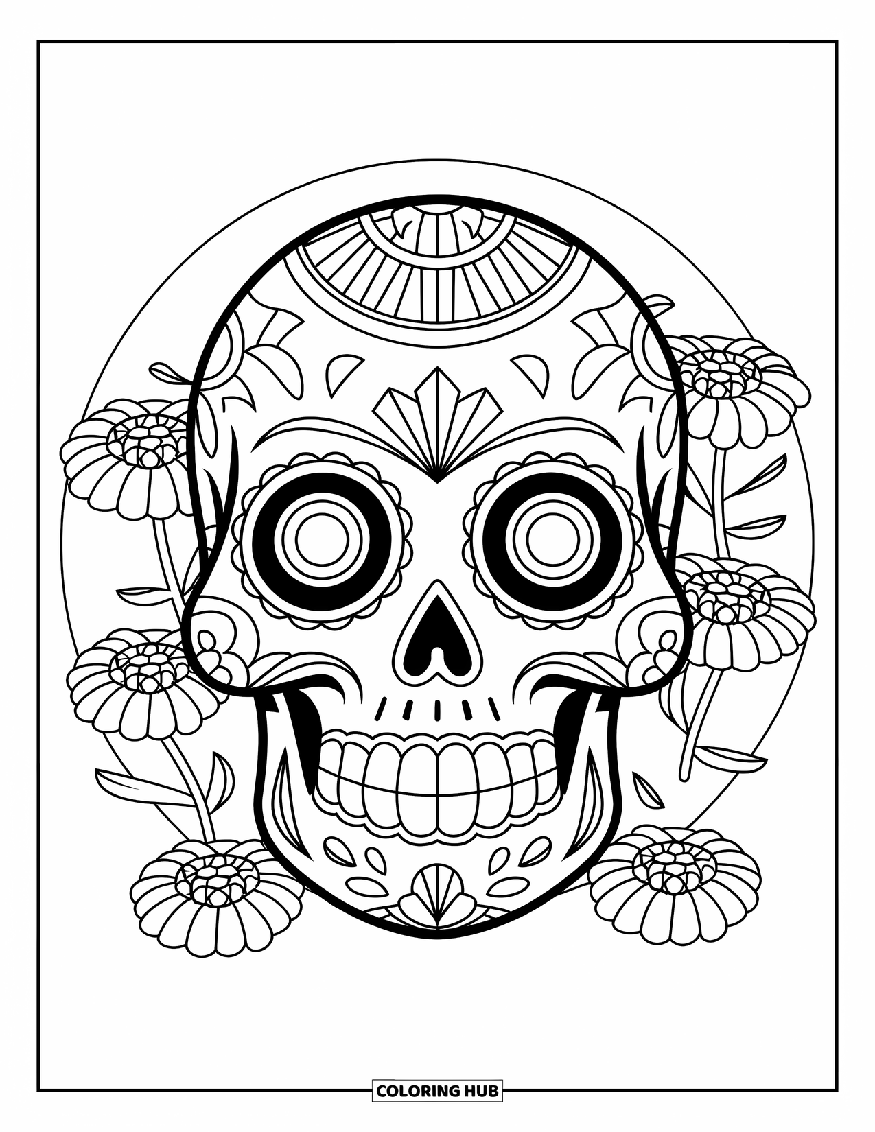 Skull Coloring Page for Kids: A smiling skull with round eyes floats with marigolds and playful patterns