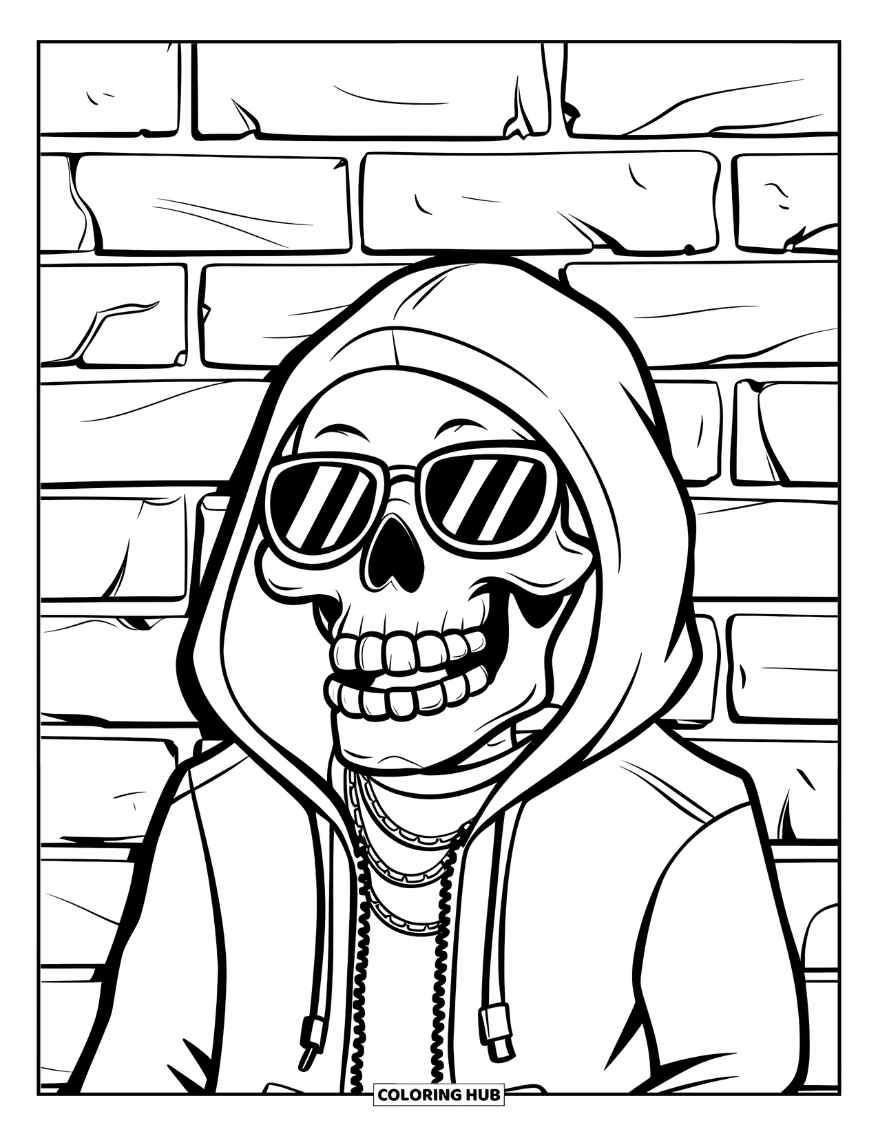 Skull Coloring Page for Kids: A stylish skull with sunglasses and a hoodie leans against a wall with cracks and attitude