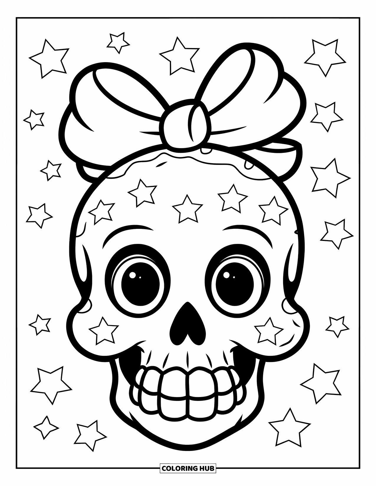 Skull Coloring Page for Kids: A sweet skull with a big bow smiles beneath floating stars