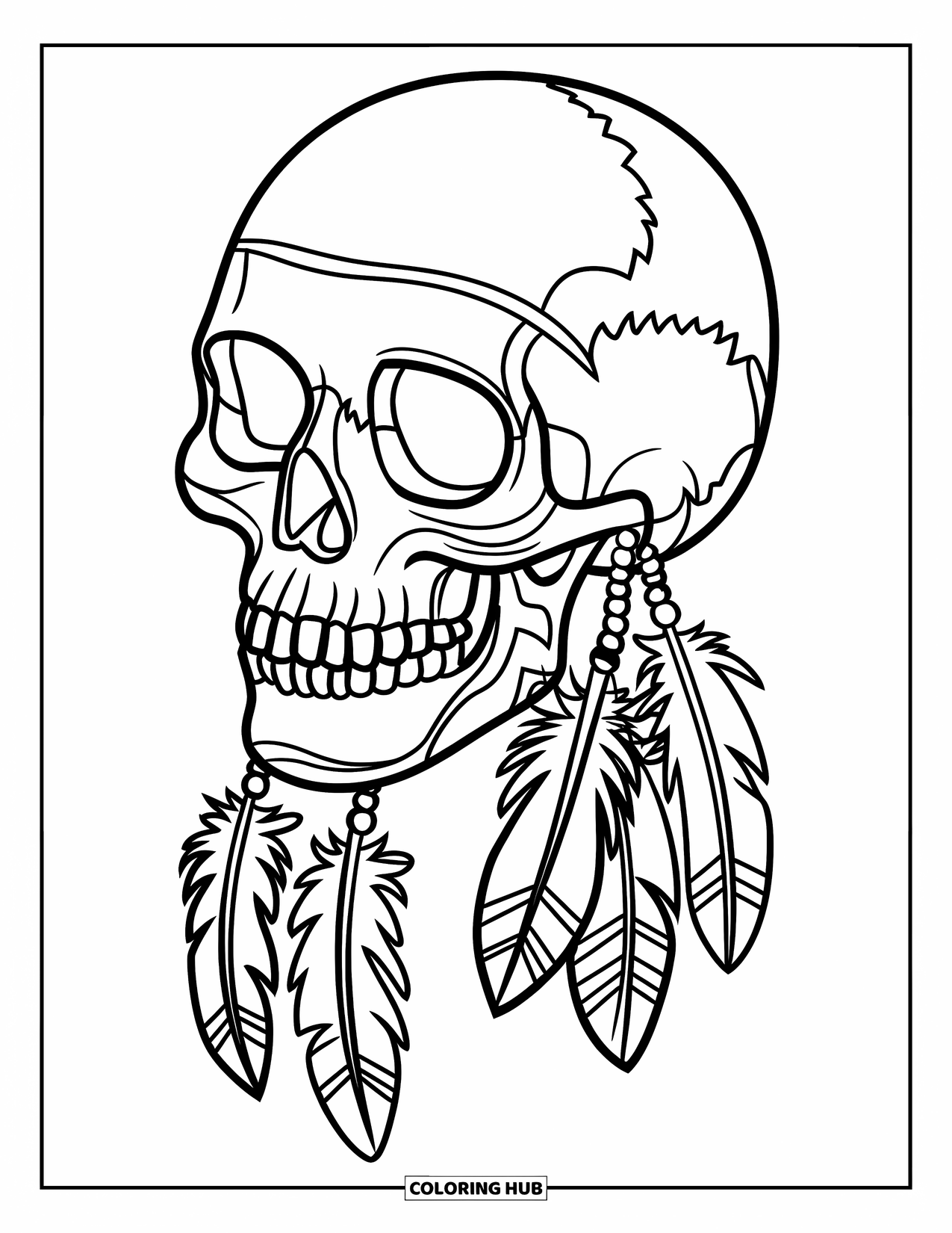 Skull Coloring Page for Kids: A tribal skull with feathers and beads hangs gently with a calm, earthy vibe