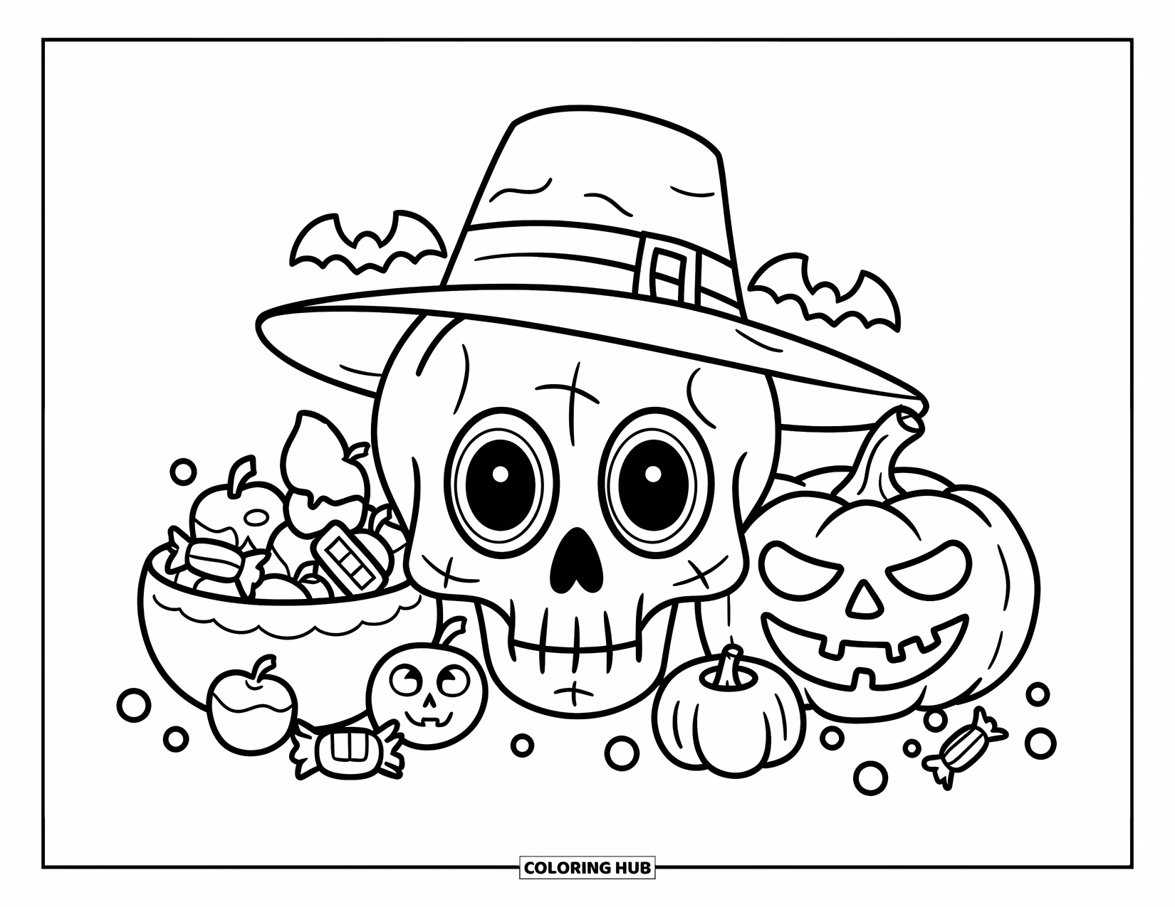 Skull Coloring Page for Kids: A wide-eyed skull in a hat sits near a spooky pumpkin and a bowl of treats