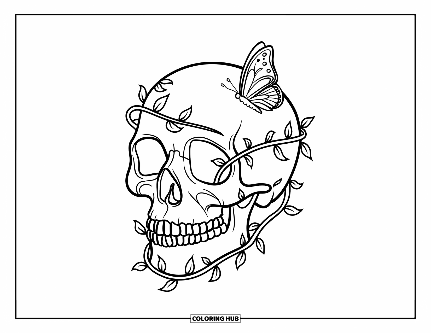 Skull Coloring Page for Kids: Vines curl around a skull while a butterfly rests quietly nearby