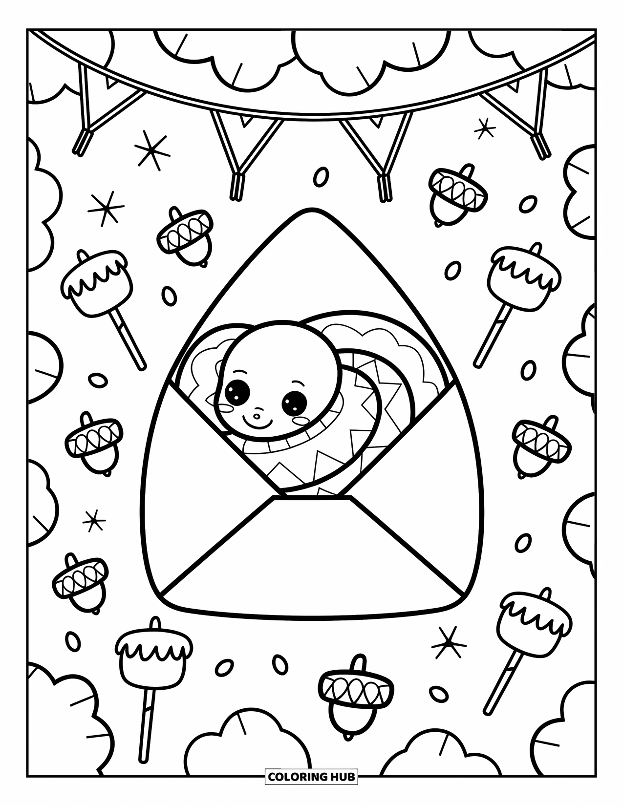 Kolorowanka z wężem dla dorosłych: Mały wąż śpi w śpiworze z piankami, żołędziami i świetlikami w pobliżu