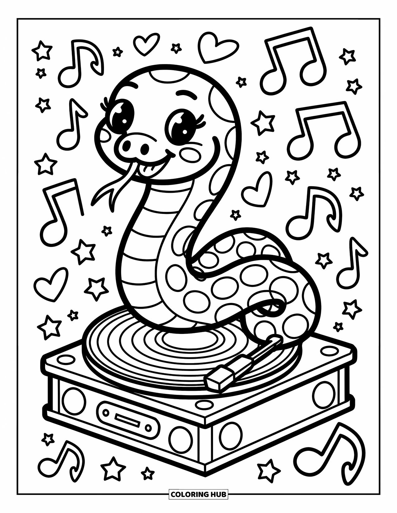 Kolorowanka z wężem dla dorosłych: Wesoły wąż kręci się na gramofonie z żelkami, nutami muzycznymi i małymi instrumentami