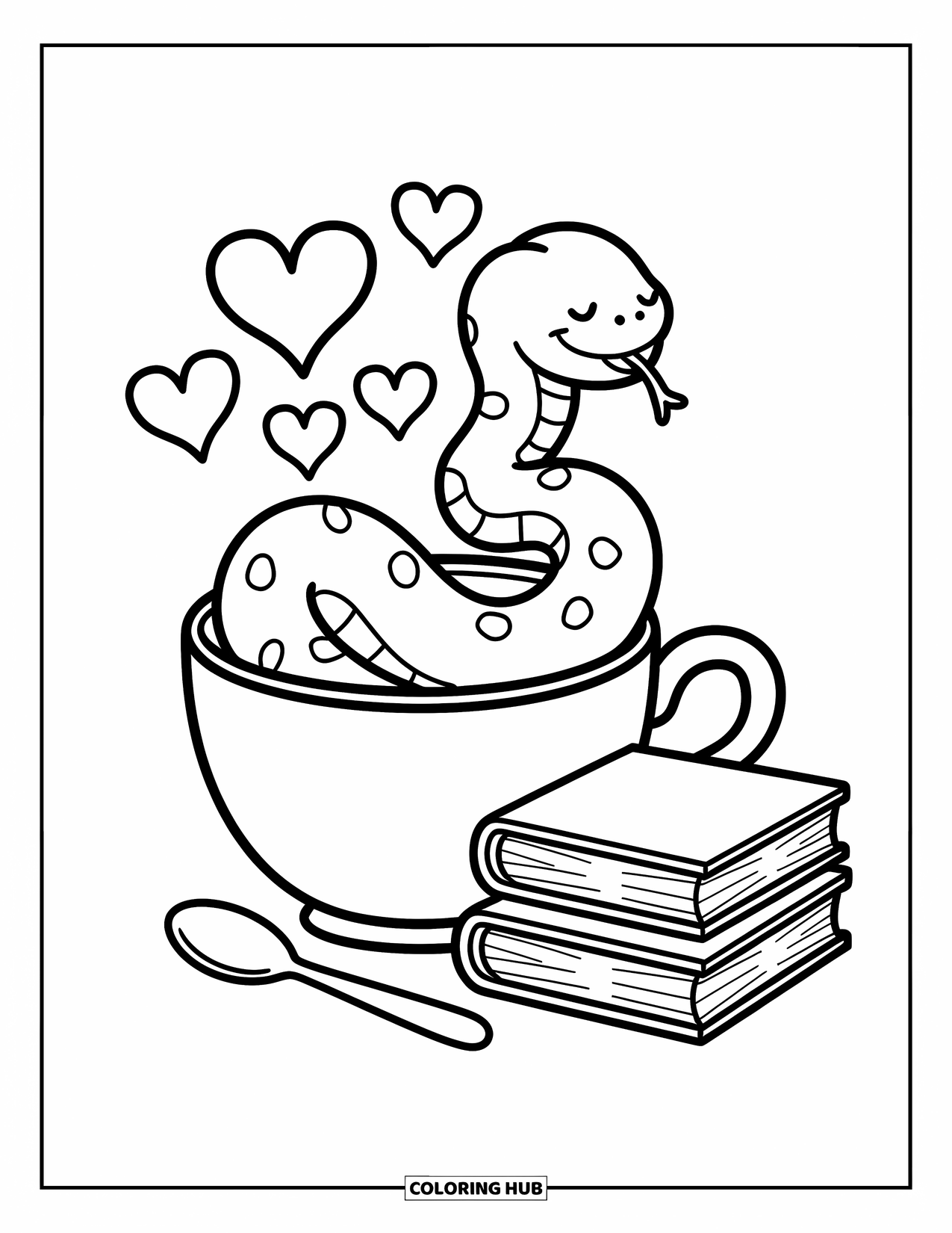 Kolorowanka z wężem dla dorosłych: Pulchny wąż zwija się w filiżance z parą w kształcie serca i książkami obok