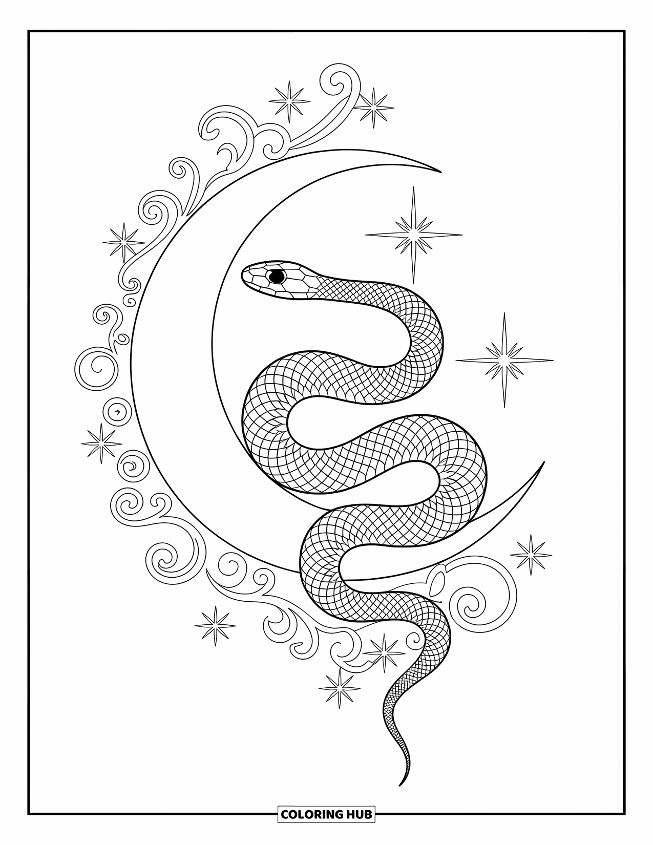 Kolorowanka z wężem dla dorosłych: Zwinięty wąż obejmuje sierp księżyca na niebie wypełnionym eleganckimi motywami