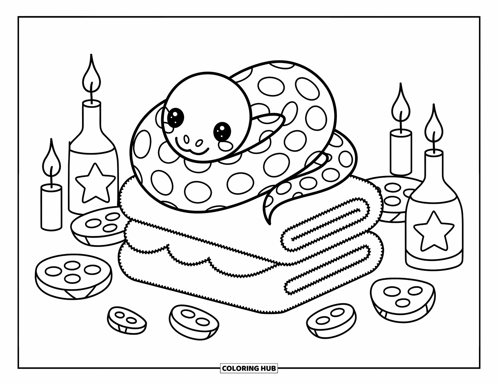 Kolorowanka z wężem dla dorosłych: Przytulna scena spa z zrelaksowanym wężem, migoczącymi świecami i zabawnymi plasterkami ogórka