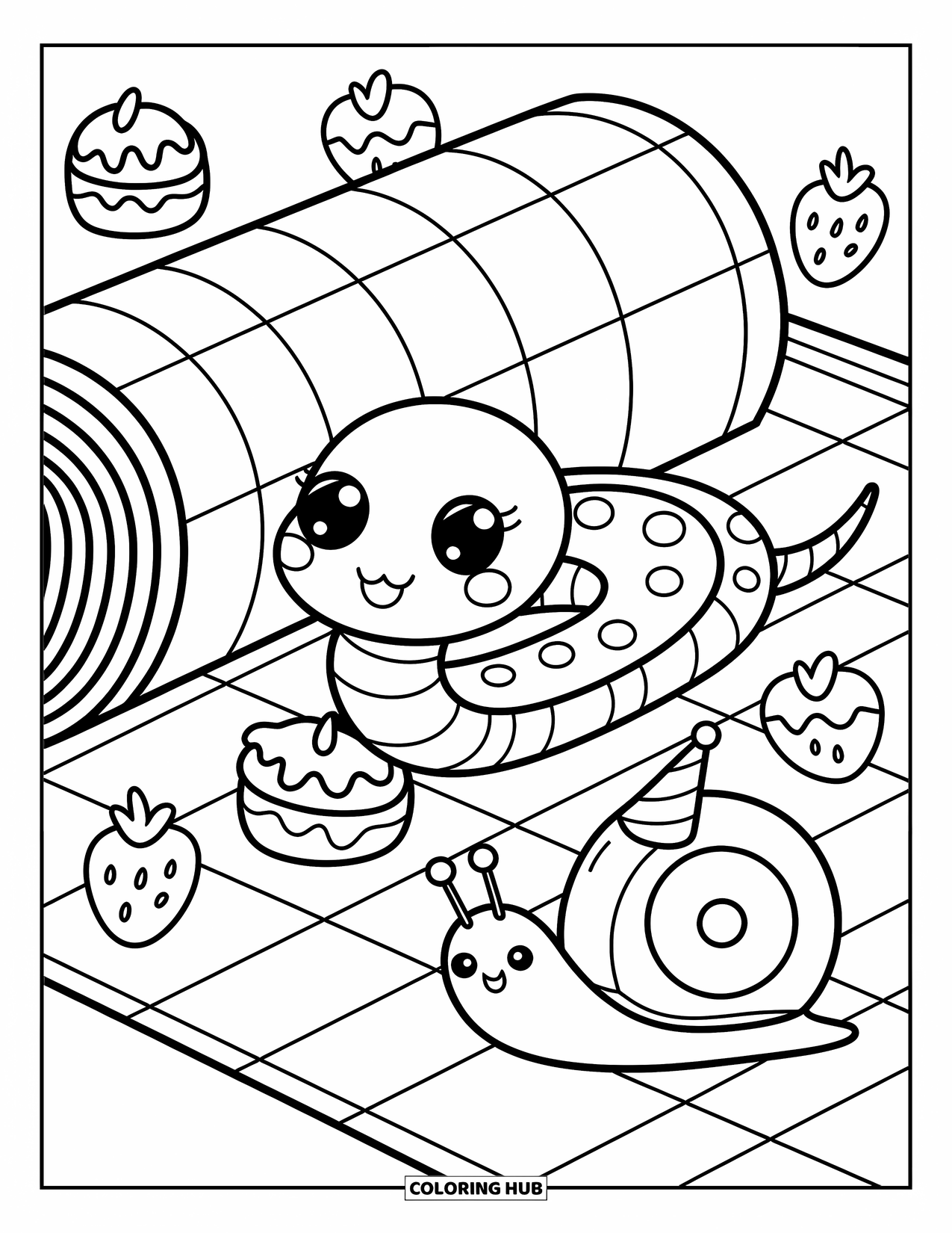 Kolorowanka z wężem dla dorosłych: Uroczy wąż wygląda z koca piknikowego z ciastkami, truskawkami i ślimakiem w czapeczce imprezowej