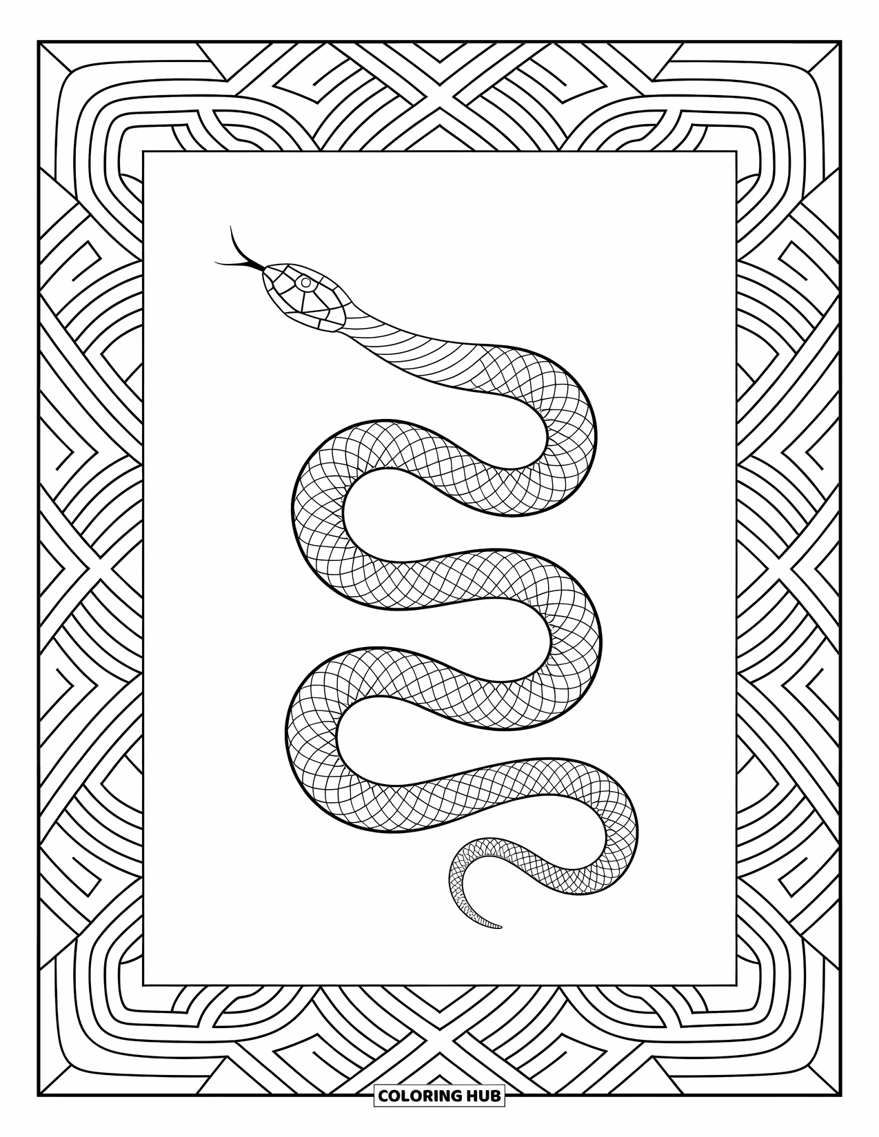 Kolorowanka z wężem dla dorosłych: Pełen gracji wąż wije się przez labirynt geometrycznych kształtów i płynnych abstrakcyjnych linii