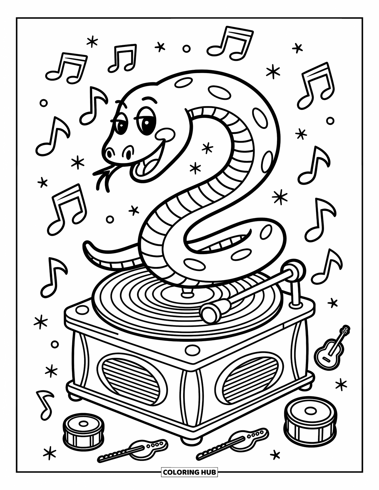 Kolorowanka z wężem dla dorosłych: Szczęśliwy wąż kręci się na gramofonie otoczony nutami muzycznymi i tańczącymi żelkami