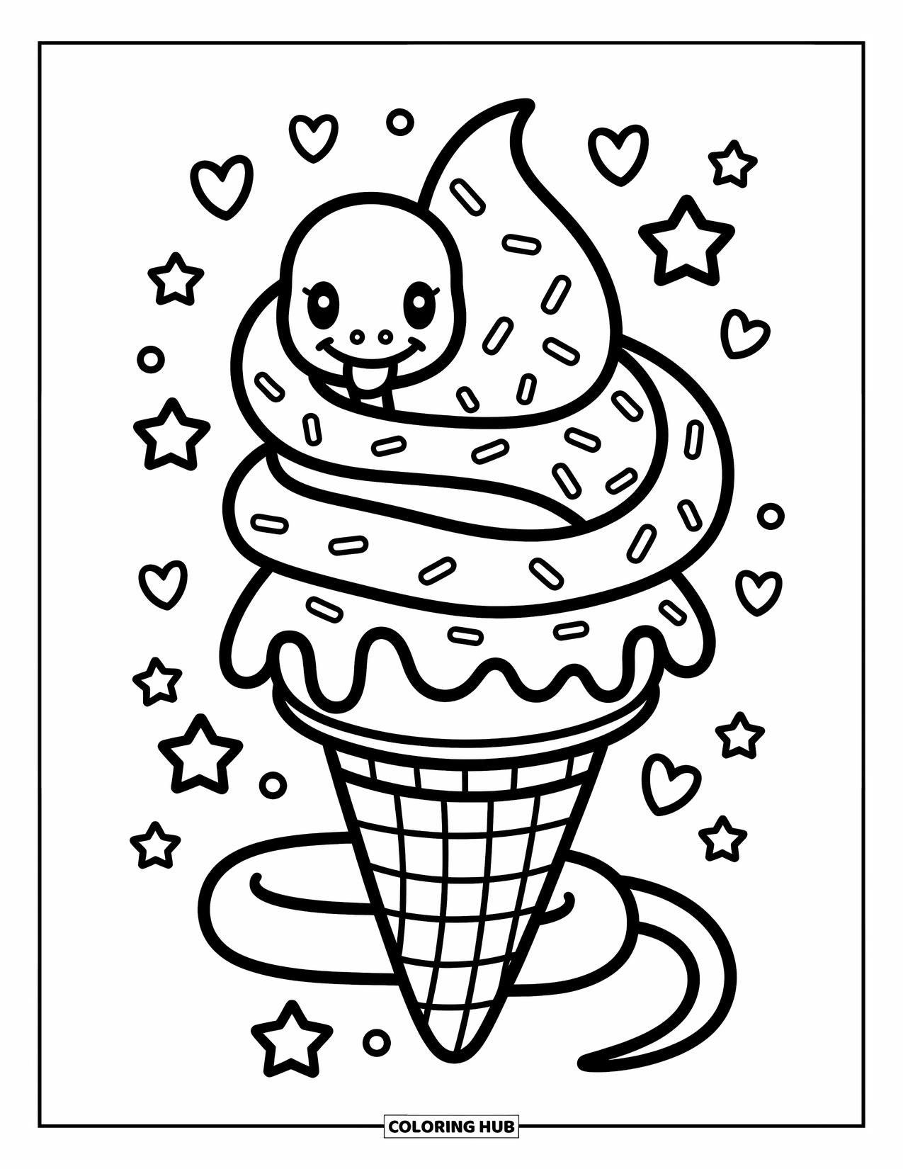 Kolorowanka z wężem dla dorosłych: Szczęśliwy wąż owija się wokół gigantycznego rożka lodowego z posypką i pływającymi gwiazdami