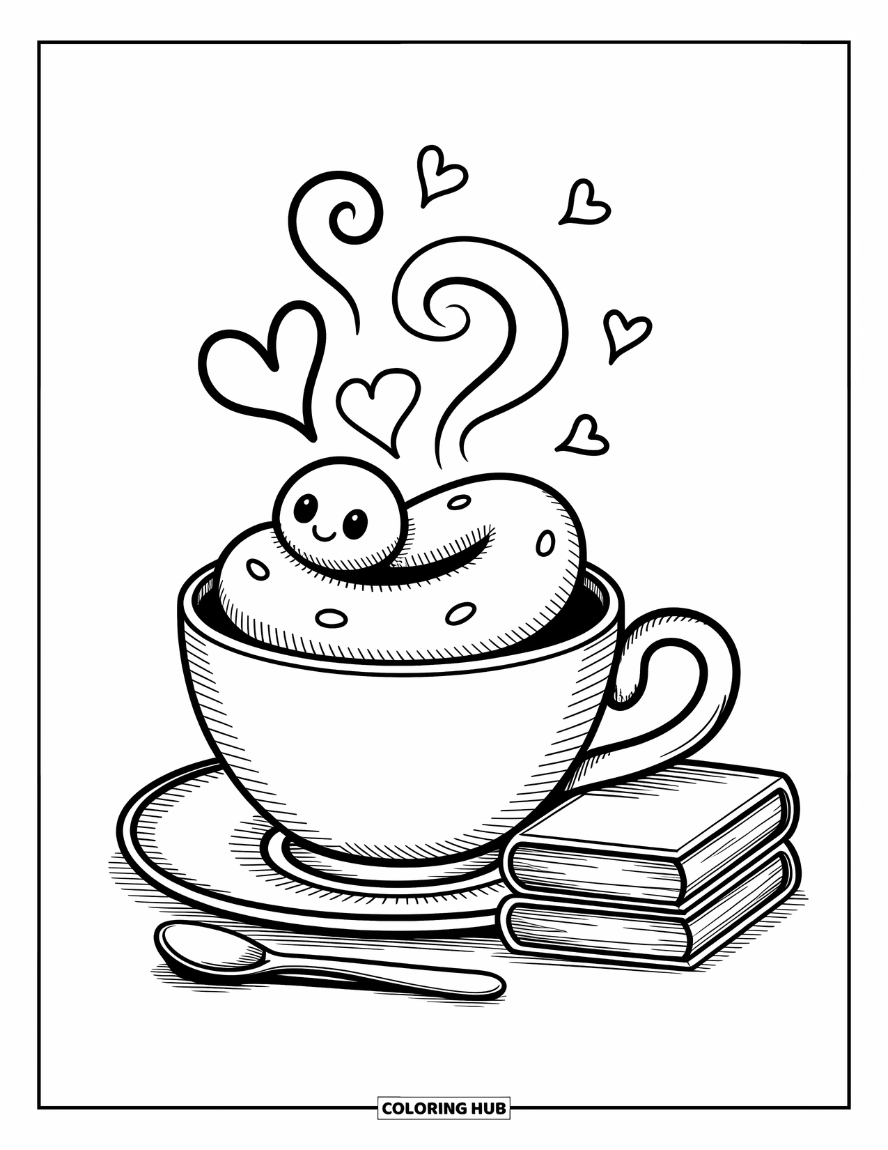 Kolorowanka z wężem dla dorosłych: Wąż kawaii owija się wokół brzegu filiżanki z parą w kształcie serca i małymi książkami obok