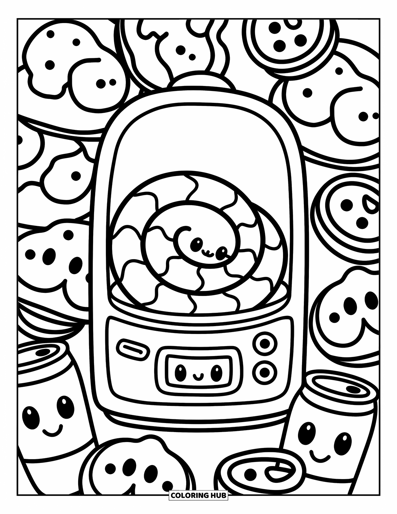 Kolorowanka z wężem dla dorosłych: Wąż kawaii spoczywa w automacie z przekąskami otoczony ciasteczkami, mochi i napojami gazowanymi