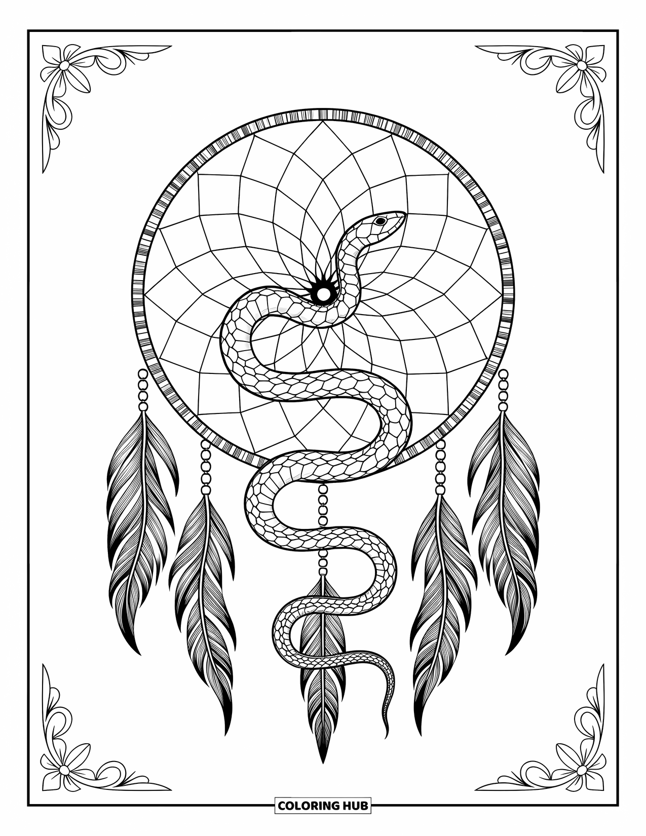 Kolorowanka z wężem dla dorosłych: Pętlący się wąż przepływa przez łapacz snów w bogato zdobionym okrągłym wzorze