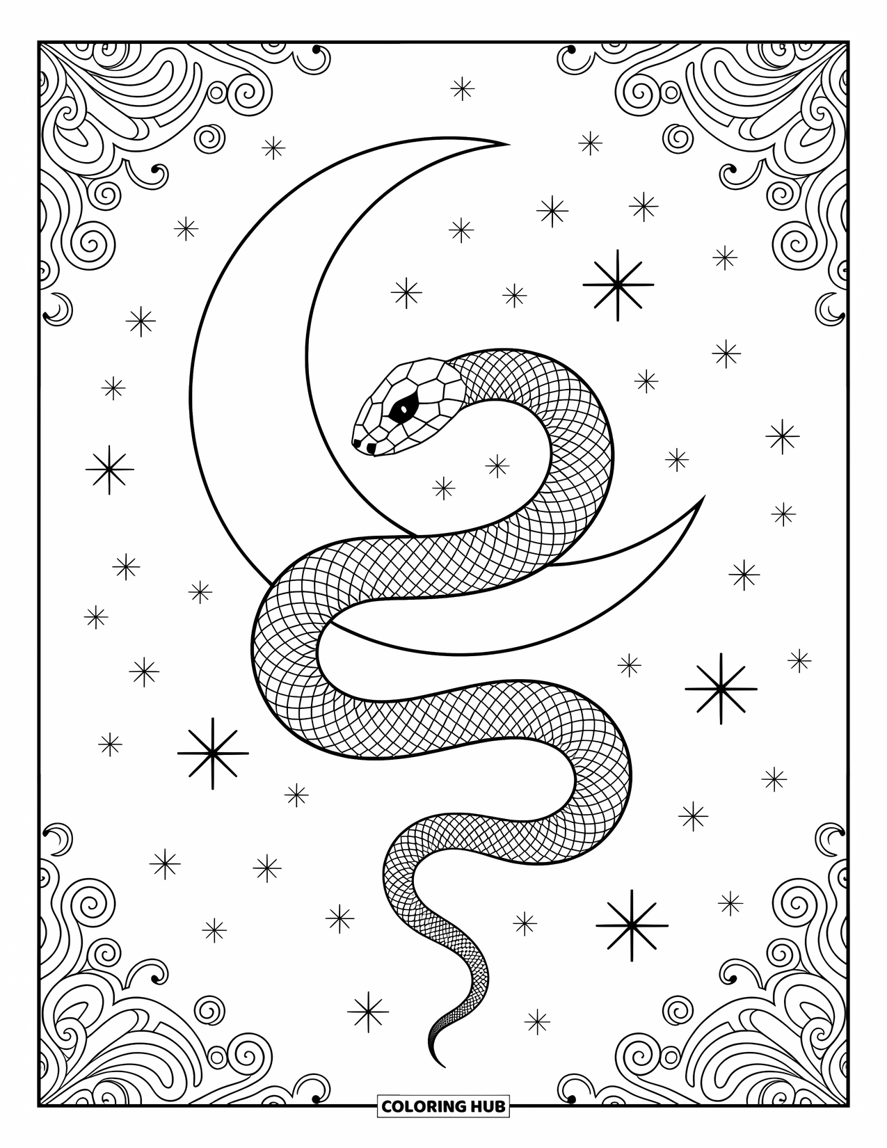 Kolorowanka z wężem dla dorosłych: Wzorzysty wąż zwija się wokół sierpa księżyca pod gwiaździstym, wirującym niebem