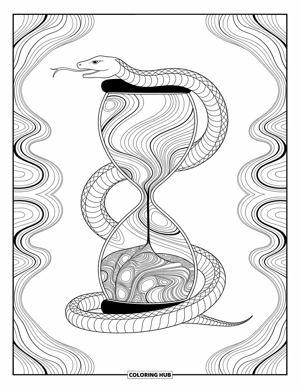 Kolorowanka z wężem dla dorosłych: Wąż owija się wokół klepsydry wypełnionej wirującymi, abstrakcyjnymi kształtami