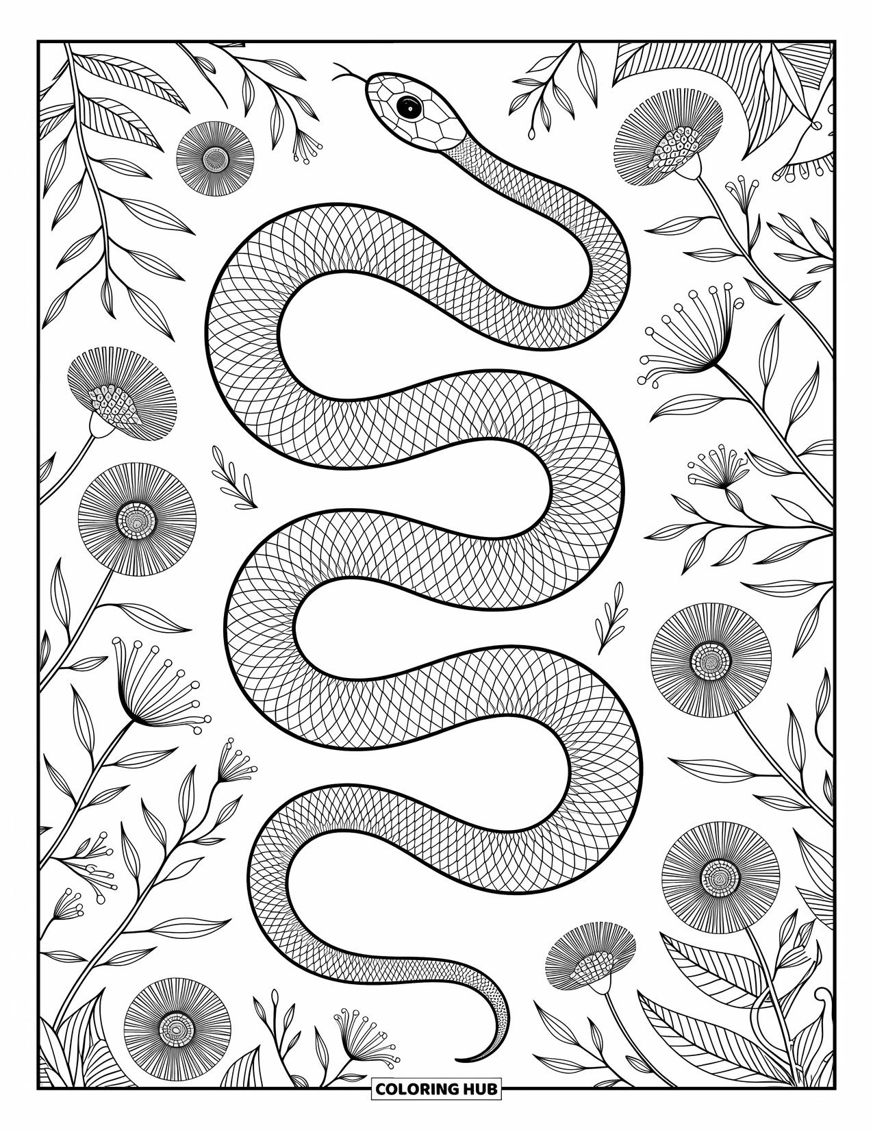 Kolorowanka z wężem dla dorosłych: Smukły wąż ślizga się wśród polnych kwiatów w scenie pełnej skomplikowanych kwiatowych wzorów