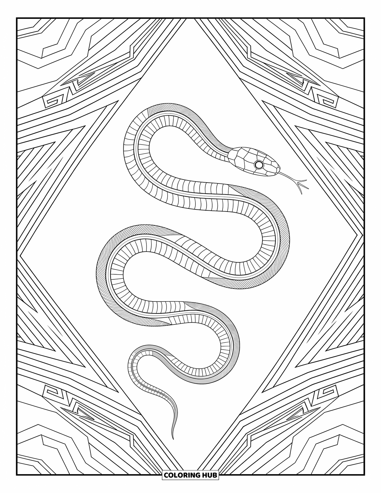 Kolorowanka z wężem dla dorosłych: Elegancki wąż wije się przez labirynt geometrycznych kształtów i abstrakcyjnych wzorów
