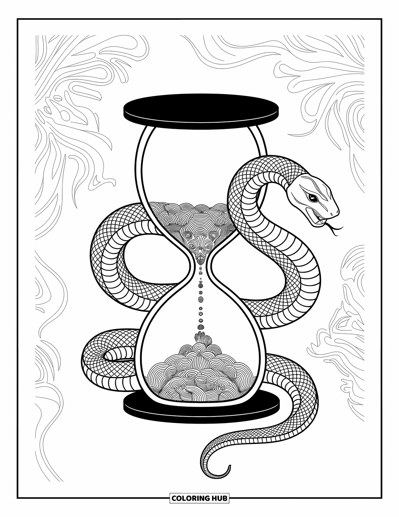 Kolorowanka z wężem dla dorosłych: Wąż zwija się wokół klepsydry otoczonej płynącymi, misternymi wzorami
