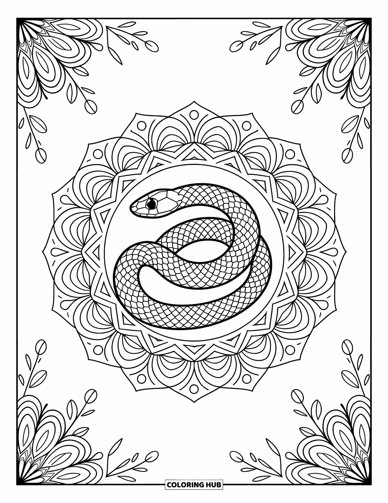 Kolorowanka z wężem dla dorosłych: Wąż zwija się w kwiatowej mandali otoczonej delikatnymi, symetrycznymi wzorami