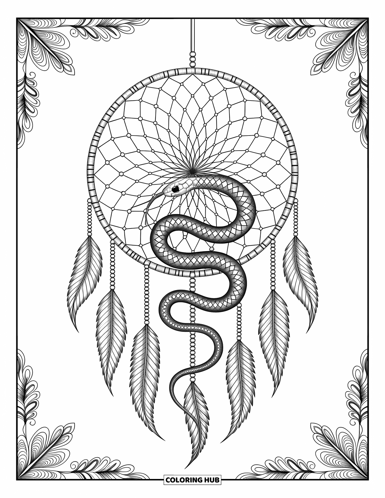 Kolorowanka z wężem dla dorosłych: Wąż we wzorzyste krzywizny wije się przez łapacz snów z koralikami i delikatnymi detalami
