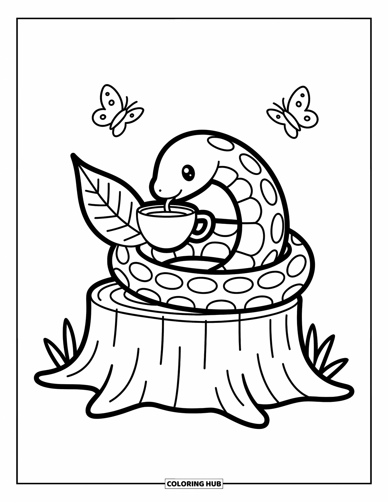 Kolorowanka z wężem dla dorosłych: Mały wąż zwija się wokół gigantycznego ołówka na notatniku wypełnionym bazgrołami i gumkami do ścierania w kształcie gwiazd