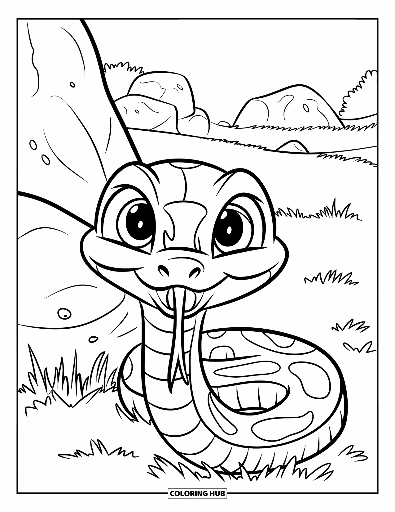 Kolorowanka z wężem dla dzieci: Wąż o bystrych oczach wygląda zza kamienia w pobliżu drzew i rozrzuconych głazów