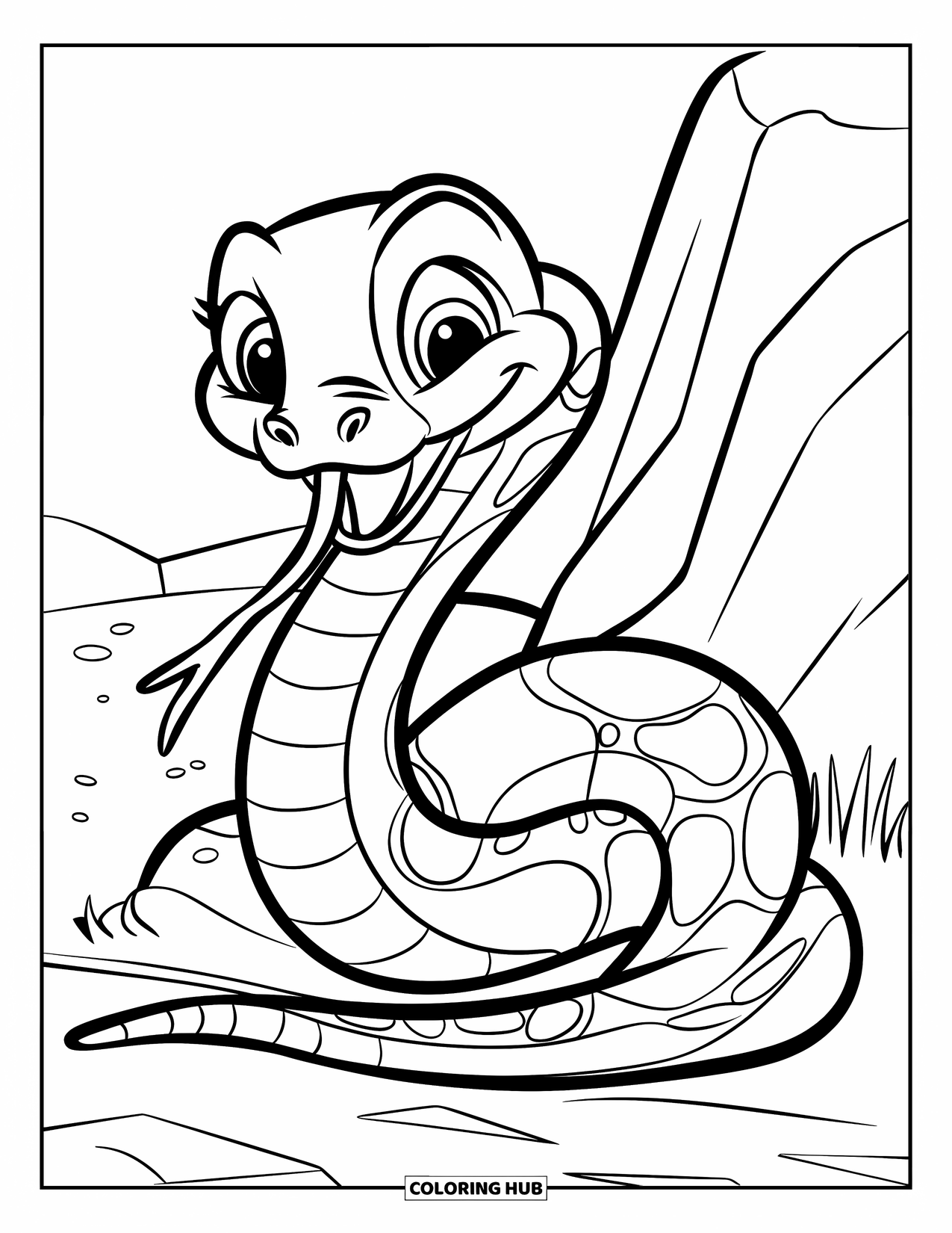 Kolorowanka z wężem dla dzieci: Wesoły wąż wygląda zza kamienia z językiem zabawnie wystawionym