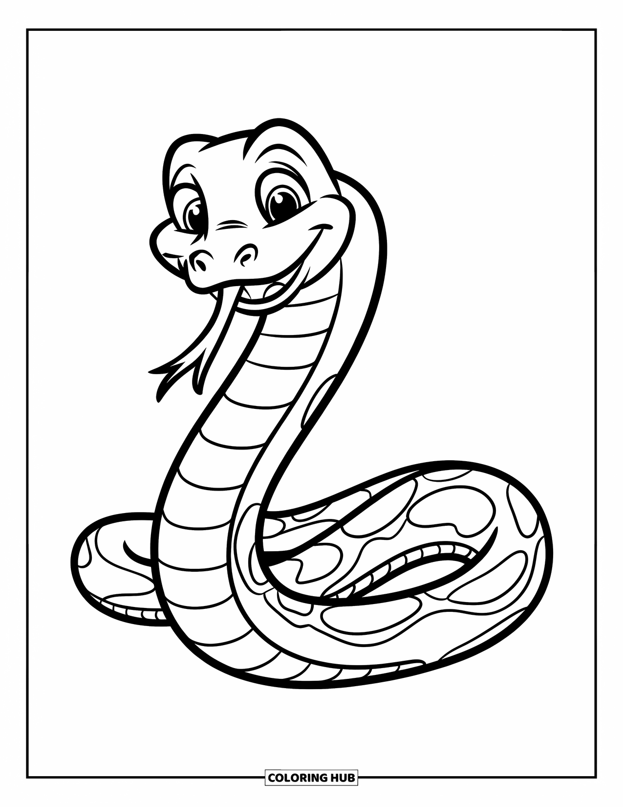 Kolorowanka z wężem dla dzieci: Wesoły wąż w kształcie litery „S” uśmiecha się radośnie w zabawnej pozie