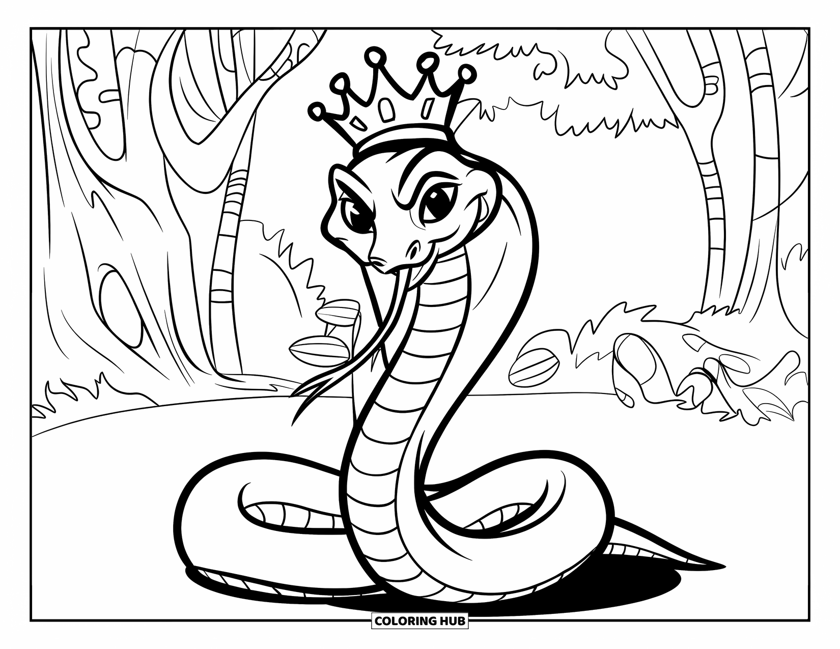 Kolorowanka z wężem dla dzieci: Wesoły wąż w koronie siedzi jak książę na tronie w dżungli