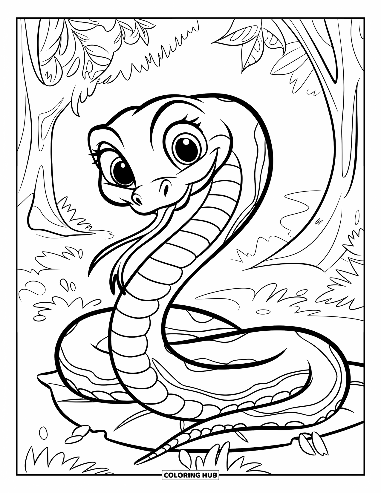 Kolorowanka z wężem dla dzieci: Wesoły wąż w grube pasy zwija się na liściu otoczony drzewami i liśćmi