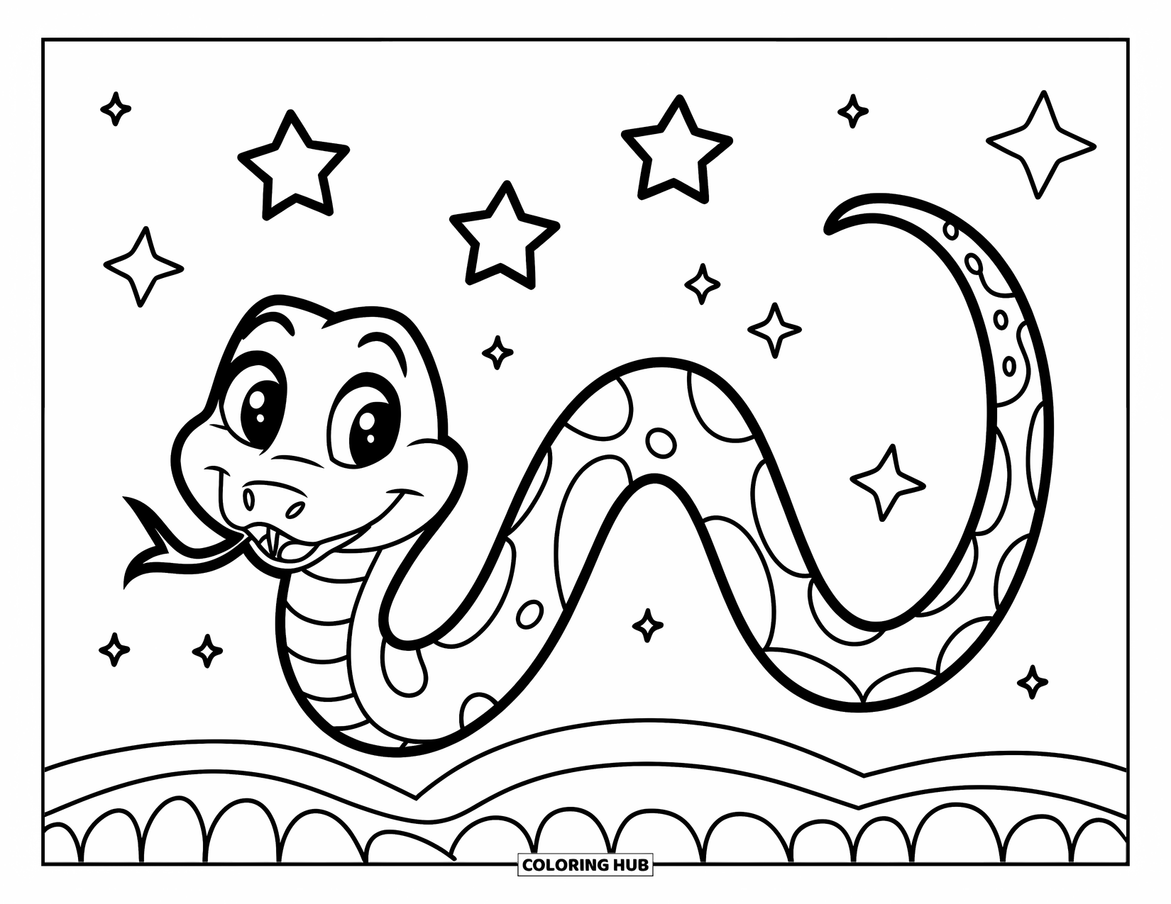 Kolorowanka z wężem dla dzieci: Wesoły wąż z okrągłymi oczami wije się po stronie pod rozgwieżdżonym niebem