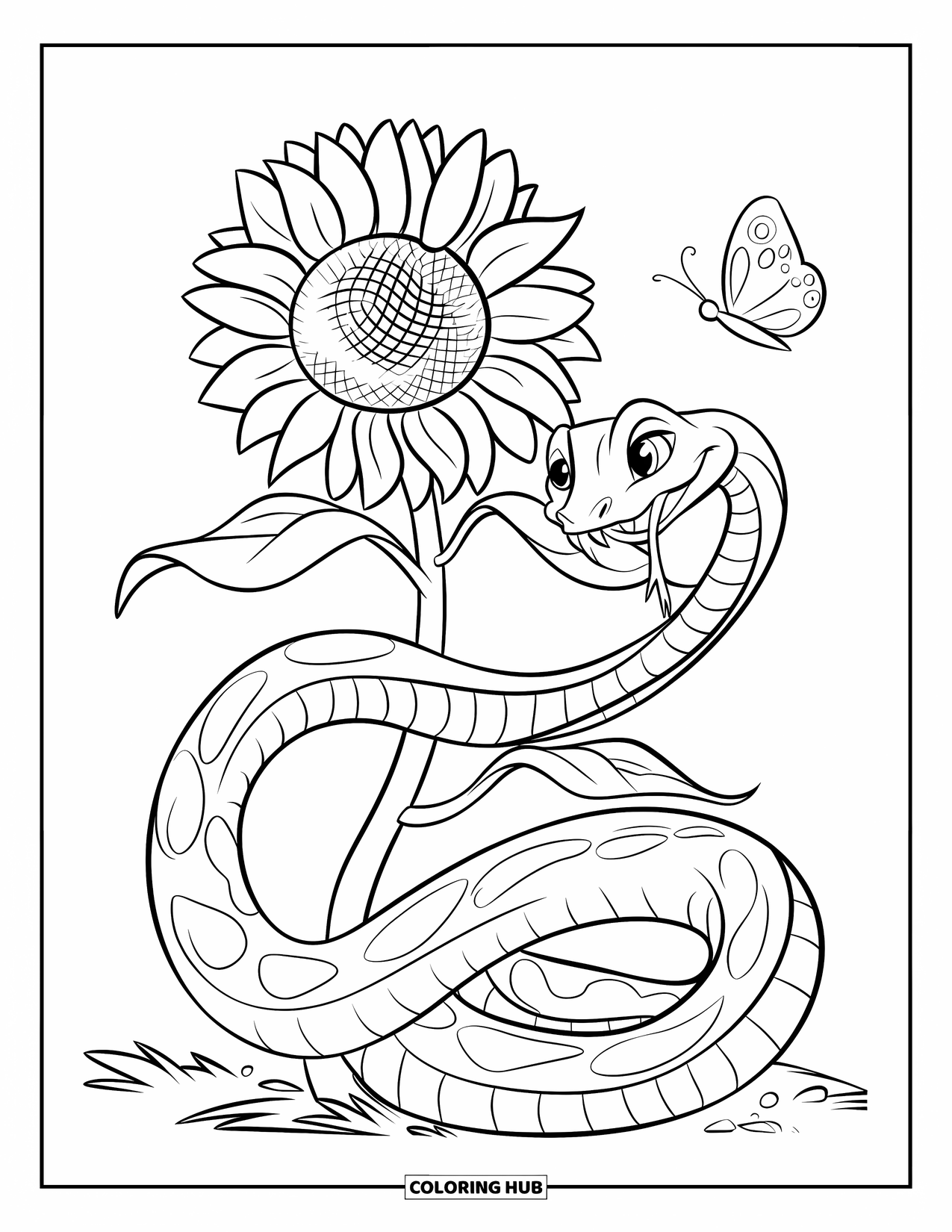 Kolorowanka z wężem dla dzieci: Zwinięty wąż owija się wokół słonecznika z motylem w pobliżu