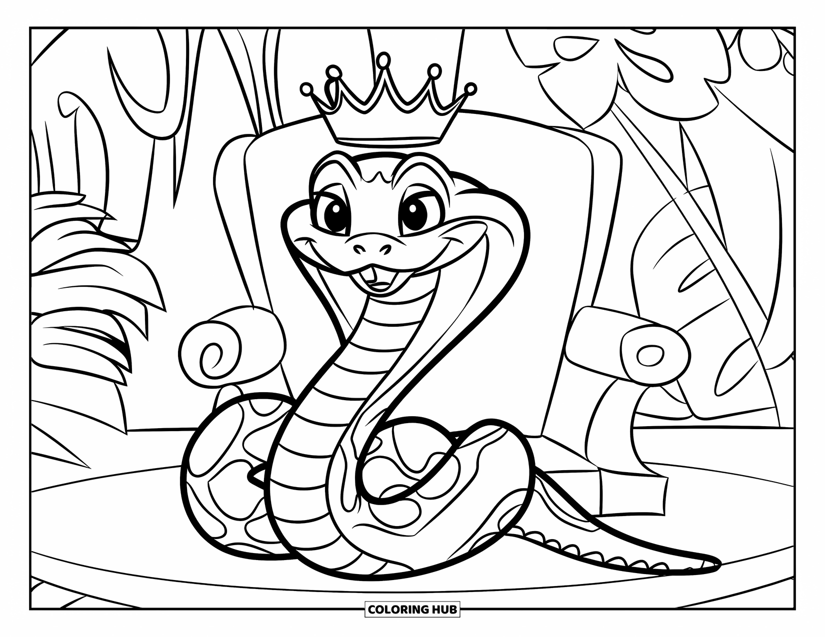 Kolorowanka z wężem dla dzieci: Ukoronowany wąż siedzi dumnie w dżungli na prostym kamiennym tronie