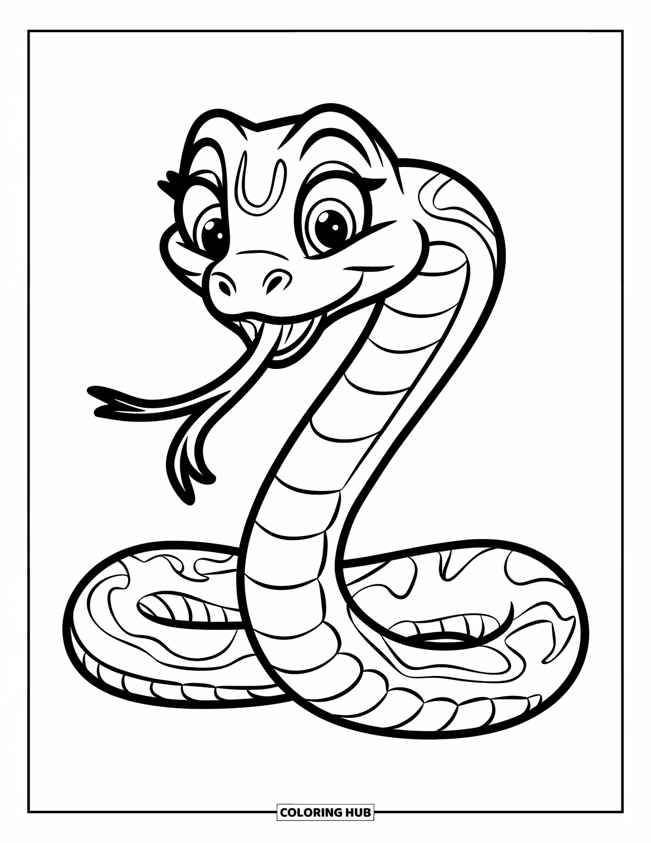Kolorowanka z wężem dla dzieci: Uroczy wąż z dużymi oczami i grubymi pasami zwinięty jest w zabawną spiralę
