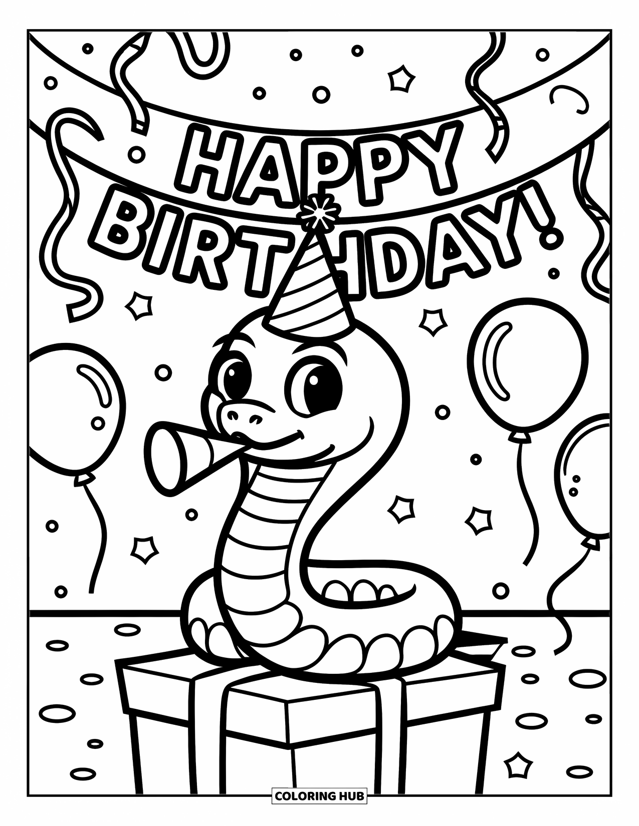 Kolorowanka z wężem dla dzieci: Świąteczny wąż z kapeluszem i trąbką siedzi na prezencie pod balonami i serpentynami