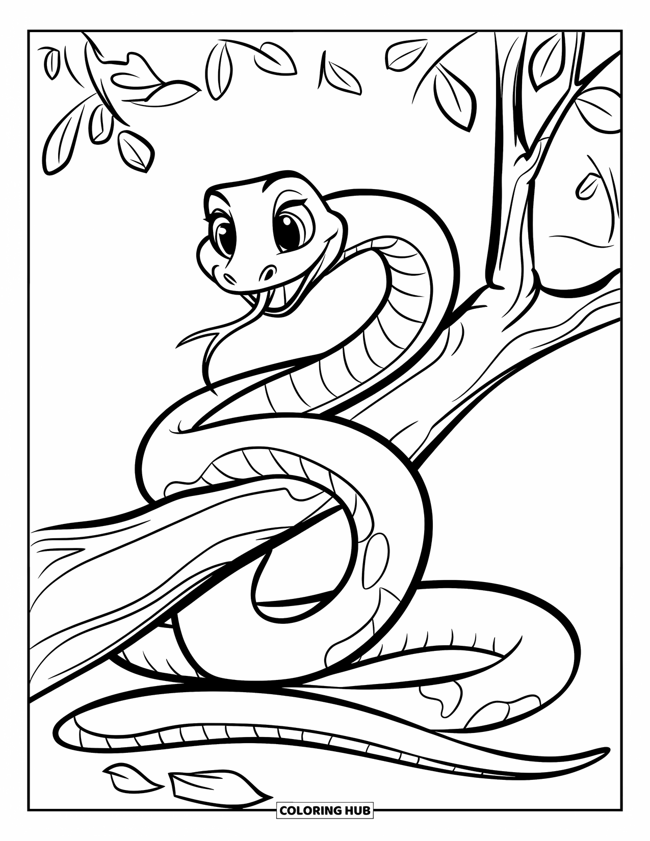 Kolorowanka z wężem dla dzieci: Przyjazny wąż luźno owija się wokół gałęzi drzewa leżącej na ziemi