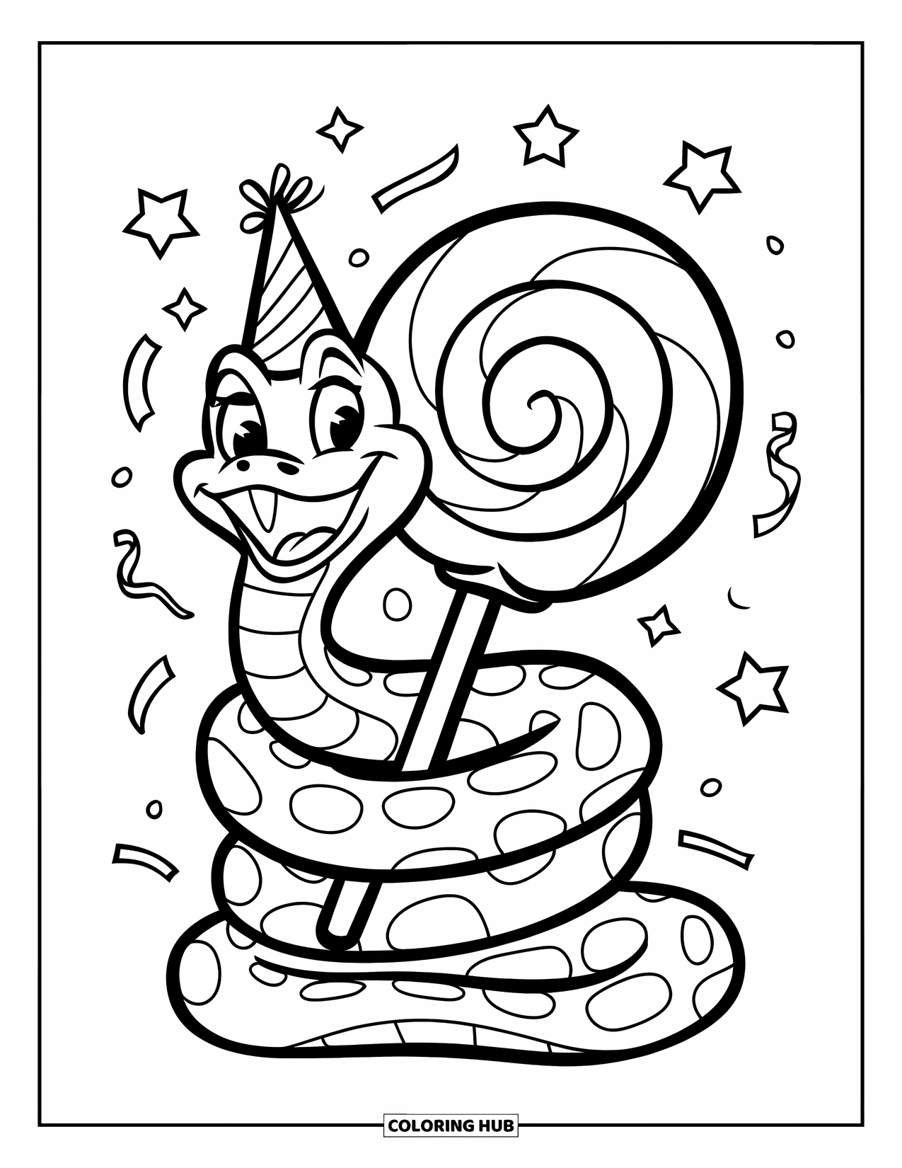 Kolorowanka z wężem dla dzieci: Uśmiechnięty wąż w czapeczce imprezowej zwija się wokół wysokiego lizaka z gwiazdami i serpentynami