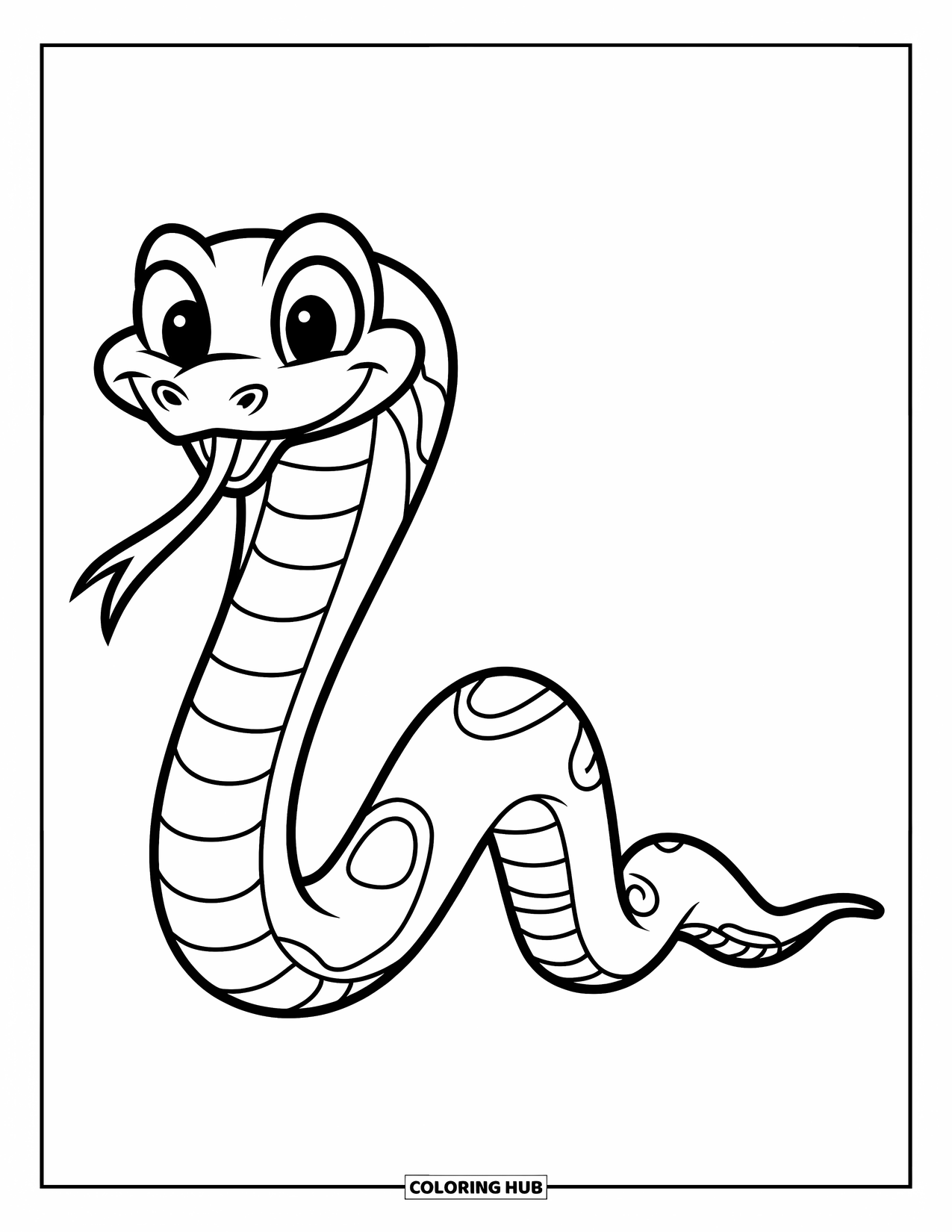 Kolorowanka z wężem dla dzieci: Szczęśliwy mały wąż pełza w linii prostej z jasnymi, ciekawskimi oczami