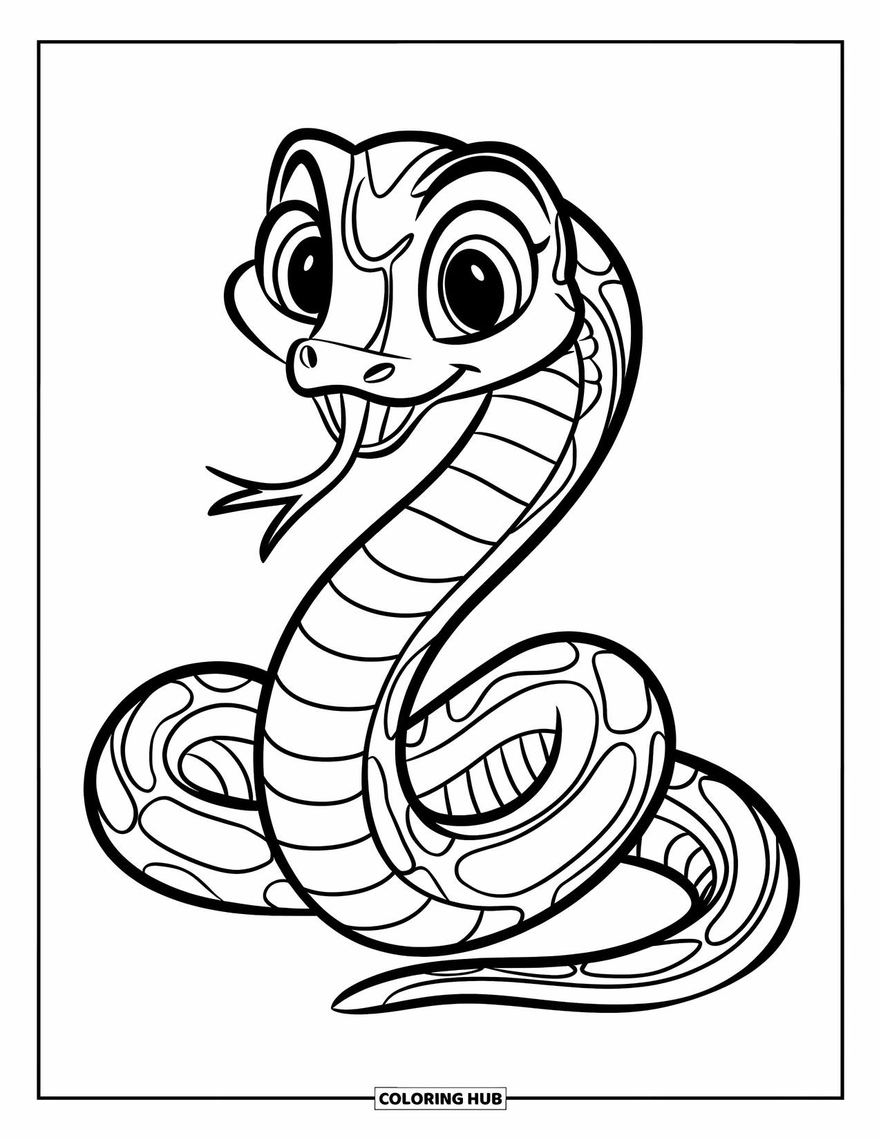 Kolorowanka z wężem dla dzieci: Szczęśliwy mały wąż w grube pasy zwinięty jest w spiralę i wygląda na zadowolonego