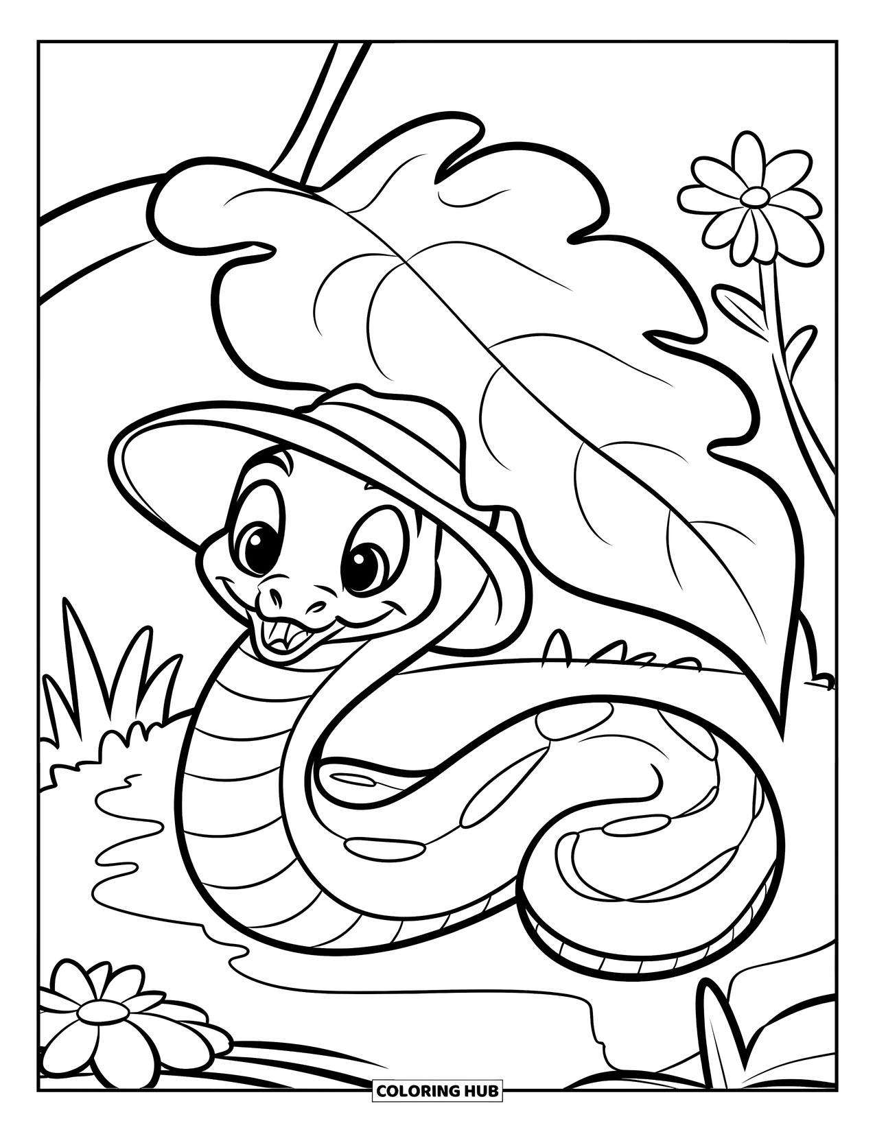 Kolorowanka z wężem dla dzieci: Szczęśliwy wąż w kapeluszu wygląda spod zabawnego liścia z kwiatami w pobliżu