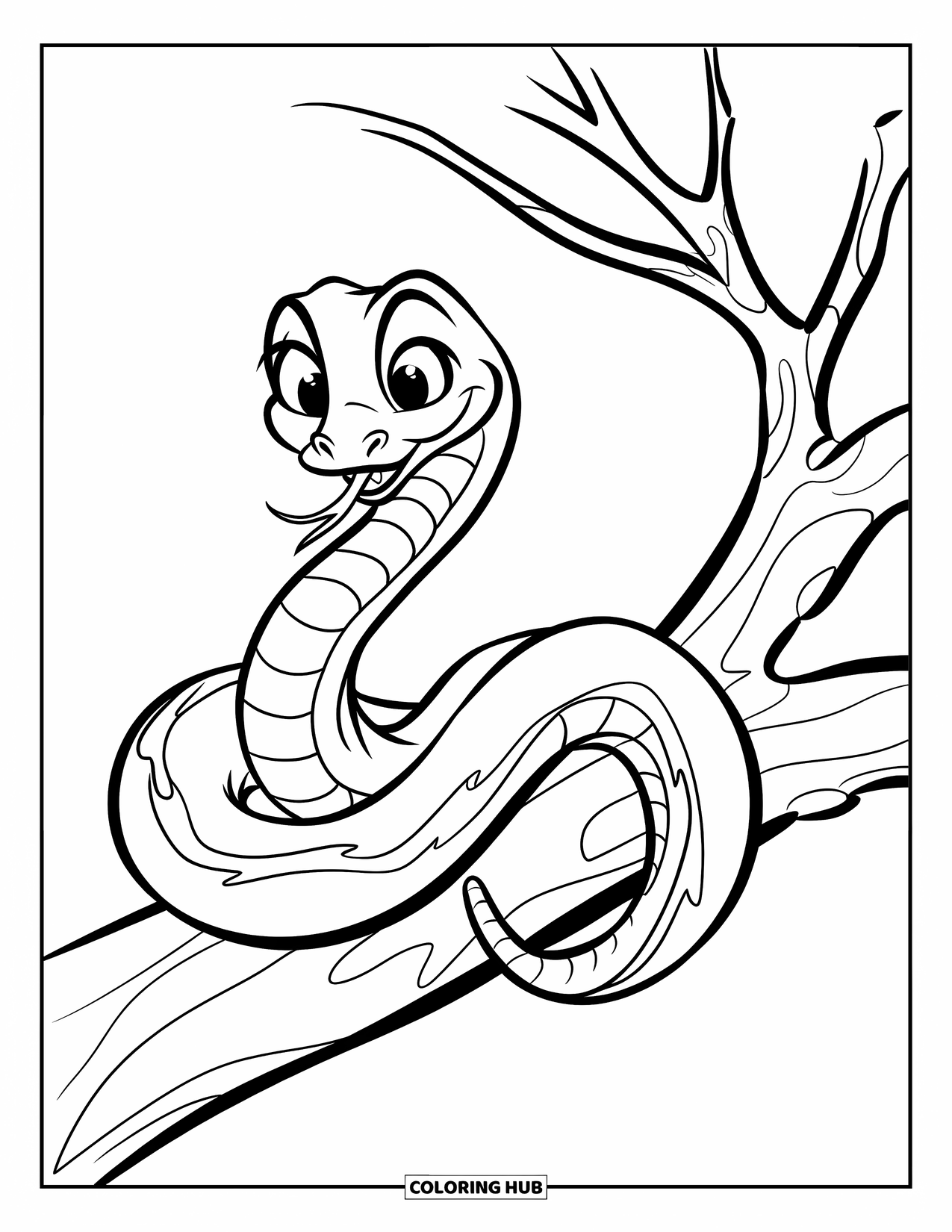 Kolorowanka z wężem dla dzieci: Szczęśliwy wąż z dużymi oczami zwija się wokół gałęzi bez liści