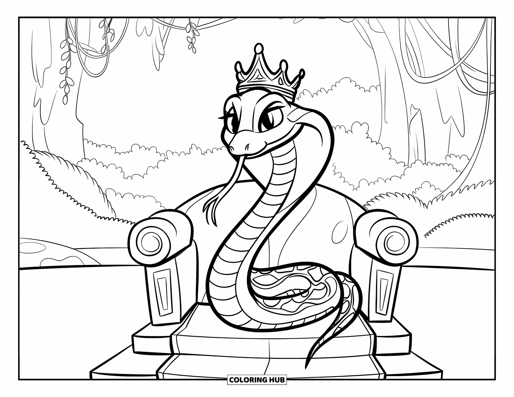 Kolorowanka z wężem dla dzieci: Wężowy książę dżungli ze złotymi oczami i koroną spoczywa na kamiennym tronie