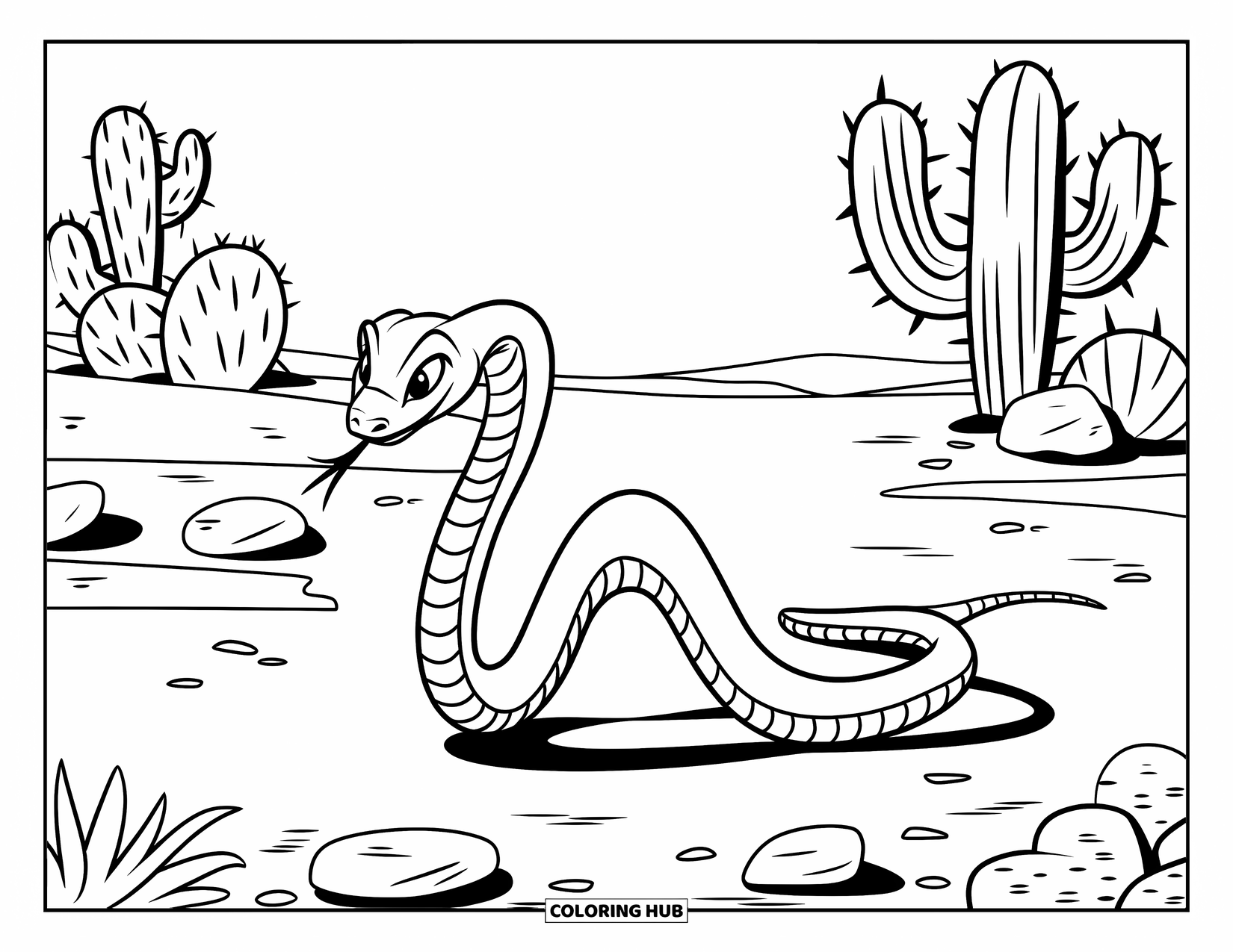 Kolorowanka z wężem dla dzieci: Długi wąż pełza po pustynnej ziemi z kaktusami i rozrzuconymi kamieniami